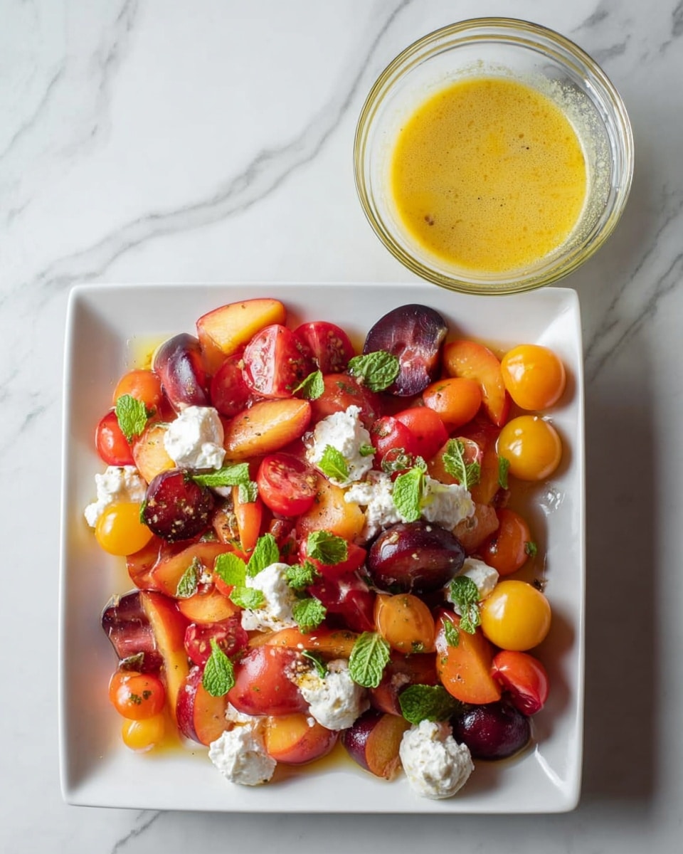 A square white plate filled with a colorful fruit salad arranged in one layer, made up of sliced plums in dark red and orange shades, yellow and red cherry tomatoes, and small dollops of white soft cheese scattered across. Fresh green mint leaves are sprinkled over the top, adding contrast to the warm colors of the fruits. Next to the plate, there is a clear glass bowl with a yellow dressing or sauce. The background is a white marbled surface. Photo taken with an iphone --ar 4:5 --v 7