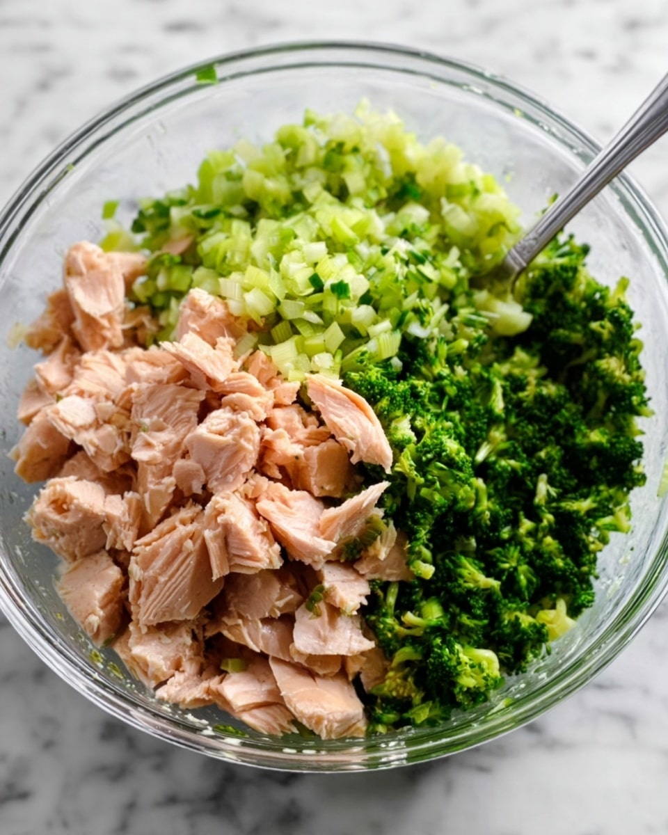 A clear glass large bowl contains a mixture with three layers visible: at the bottom, there are thick pieces of pinkish cooked salmon chunks; on top of the salmon, finely chopped light green celery fills half the bowl; next to the celery, finely chopped darker green broccoli fills the remaining half of the bowl's top layer. A silver spoon is placed inside the bowl on the right side. The bowl sits on a white marbled surface. Photo taken with an iphone --ar 4:5 --v 7