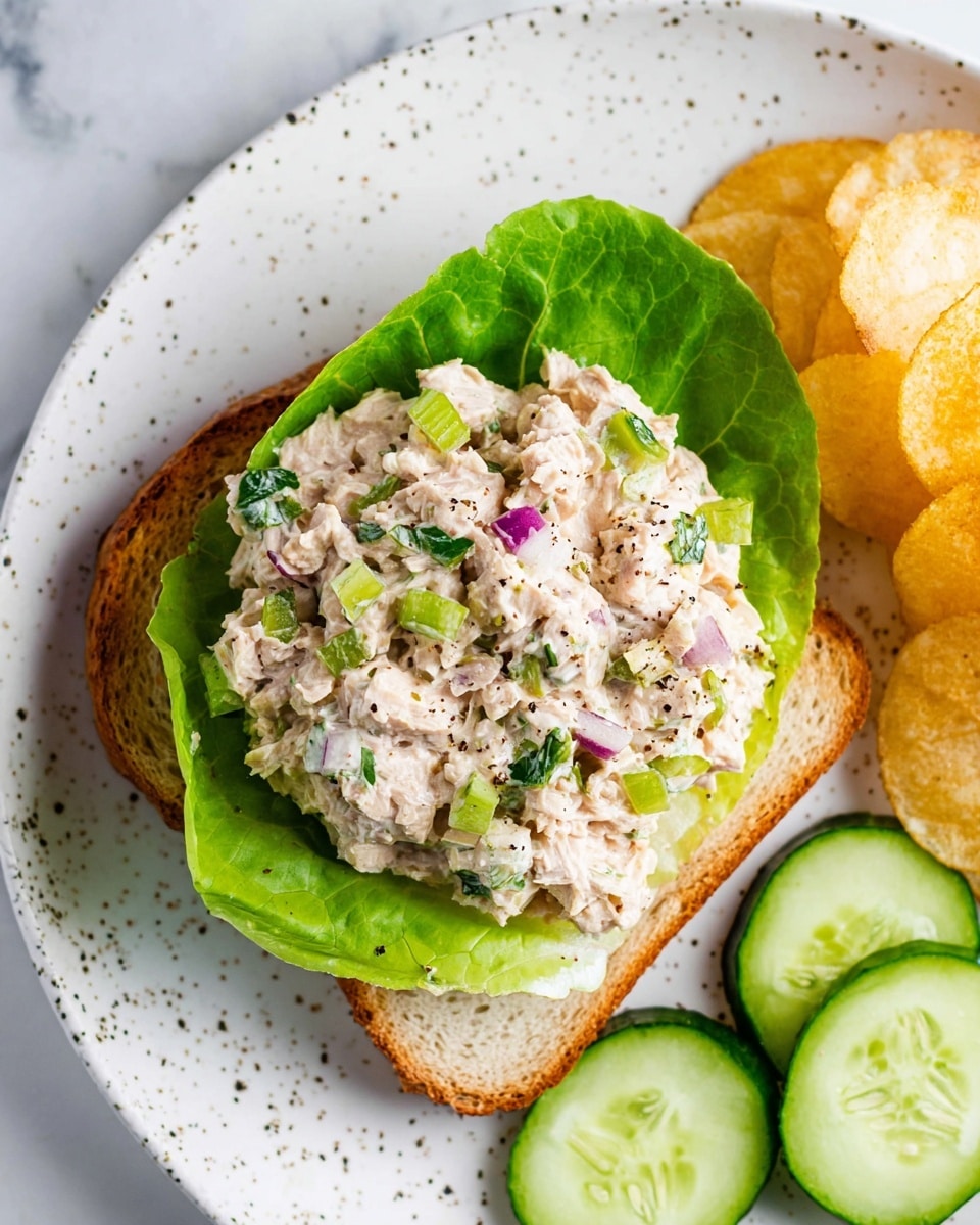A close-up view of a creamy chicken salad in a white bowl, showing chunky pieces of light beige chicken mixed with small, pale green celery slices, bright green pickle chunks, and bits of purple onion scattered throughout. The creamy dressing coats everything with a slightly thick texture, speckled with fresh green dill. A silver spoon rests on the right side, partially submerged in the salad. The bowl sits on a white marbled surface. Photo taken with an iphone --ar 4:5 --v 7