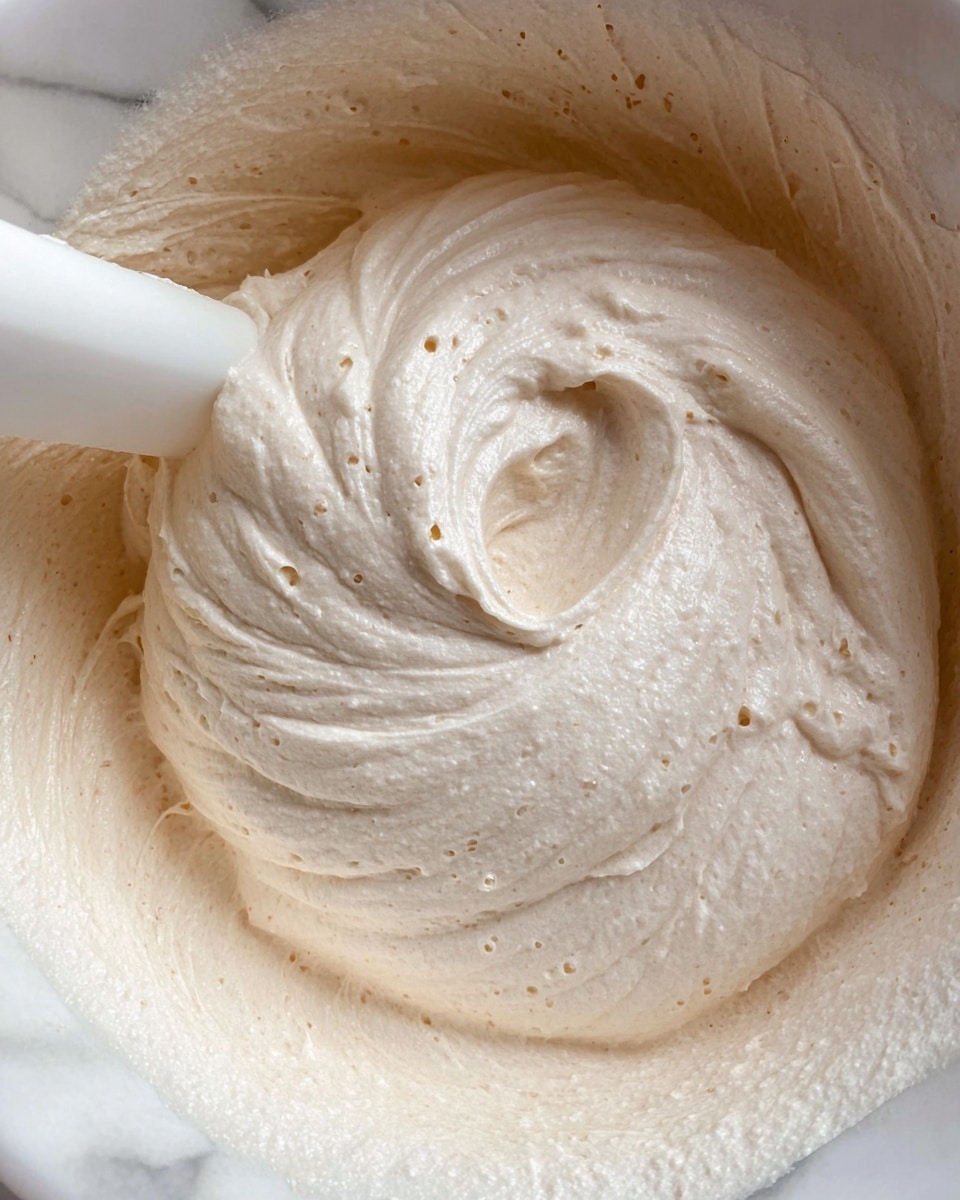 A close-up image of a single thick and fluffy layer of pale beige whipped mixture inside a white bowl, with a soft, creamy texture showing small bubbles and swirls, and a white spatula partially visible on the left side mixing the soft substance, the background is a white marbled texture photo taken with an iphone --ar 4:5 --v 7