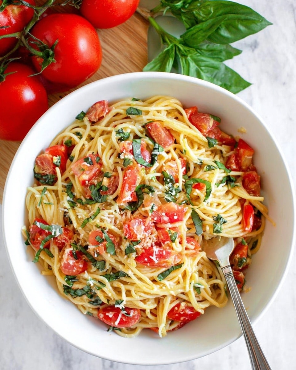 A white bowl filled with a simple spaghetti dish showing three main layers: the bottom layer of pale yellow spaghetti noodles with a smooth texture, the middle layer of bright red tomato chunks scattered evenly, and the top layer of small white melted cheese spots mixed with thin green basil strips, all sitting on a white marbled surface. Photo taken with an iphone --ar 4:5 --v 7