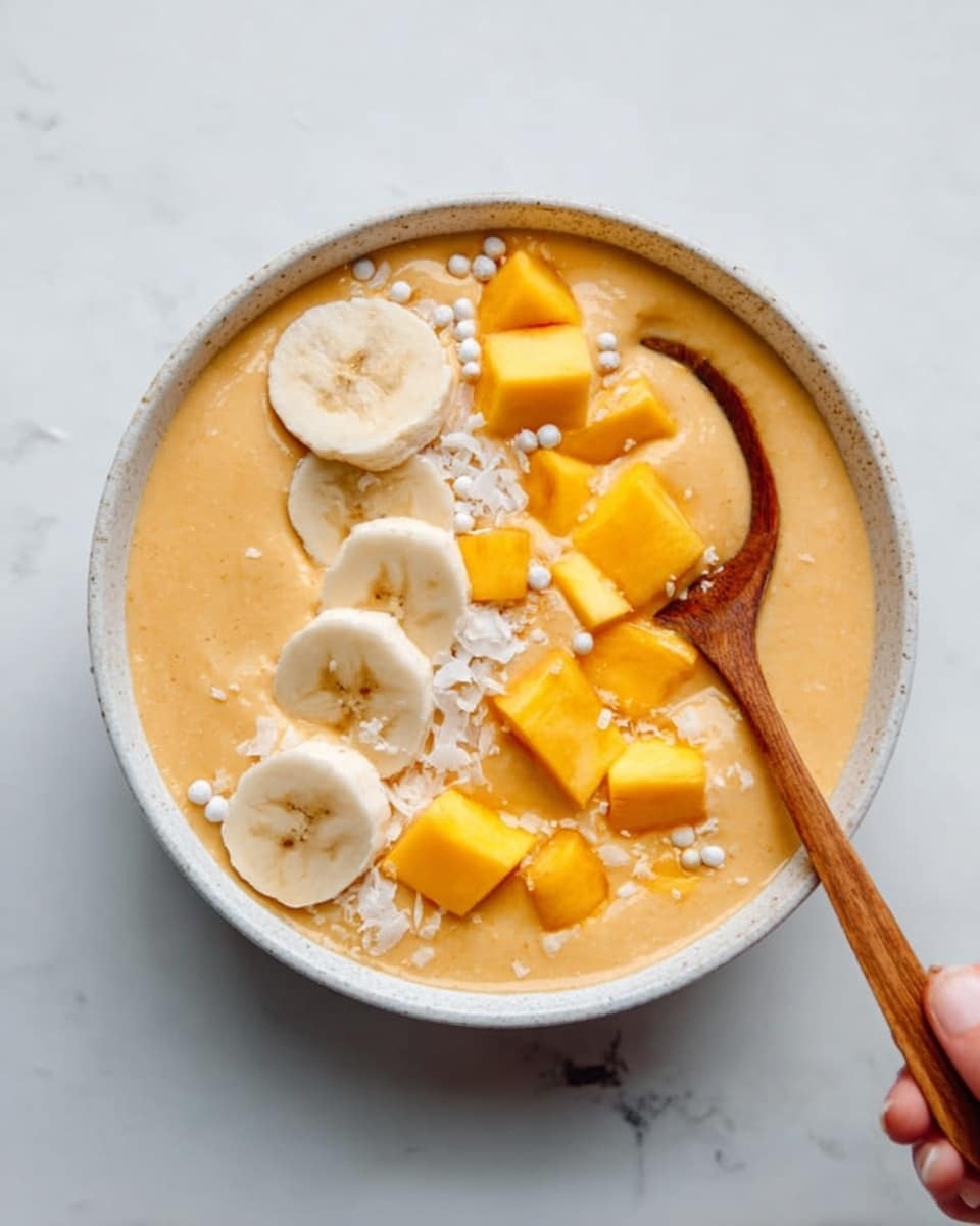 The image shows a white bowl filled with a creamy, light orange smoothie or puree. On top, there are evenly spread slices of banana, small cubes of bright yellow mango, and small white round grains or seeds that add texture. A wooden spoon is placed inside the bowl on the right side, and a woman's hand is holding the bowl from the top left part. The bowl rests on a white marbled surface. photo taken with an iphone --ar 4:5 --v 7