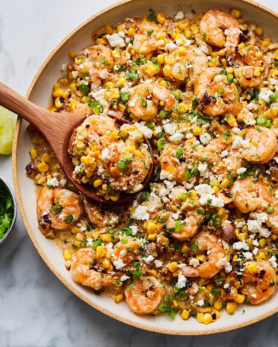 This image shows a close-up of a dish with several cooked shrimp scattered evenly throughout. Mixed with the shrimp are bright yellow corn kernels, some with slight charring, adding texture and color. There are also small green pieces of chopped herbs and green onions spread across the dish. A creamy, light sauce coats the shrimp and corn, giving a glossy look. White crumbled cheese is sprinkled over the top, adding contrast. A wooden spoon is scooping from the side, lifting some shrimp and corn, all placed on a white marbled surface. photo taken with an iphone --ar 4:5 --v 7