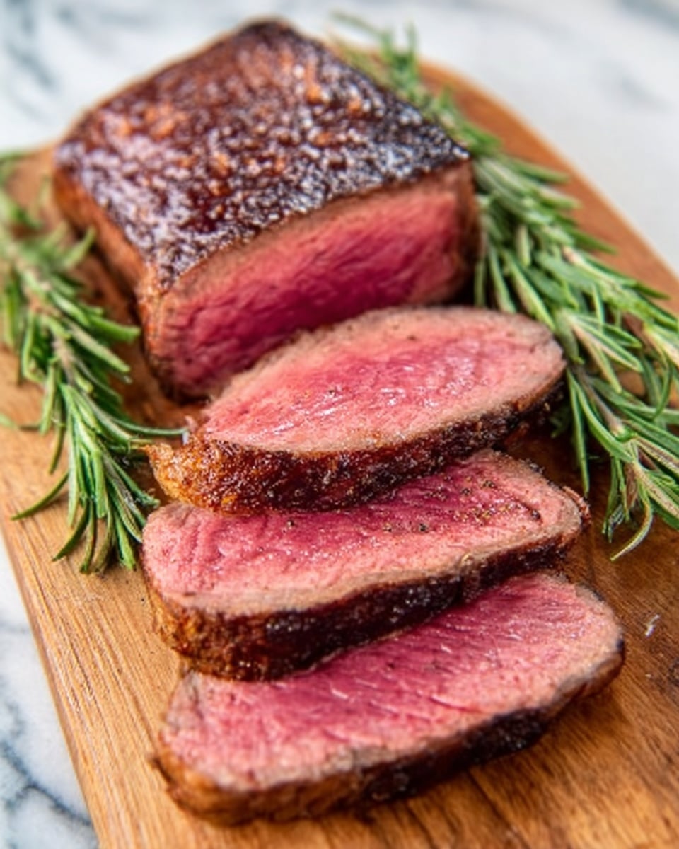 A wooden board holds a medium-rare steak sliced into four pieces, showing a pink center with a browned, slightly crispy outer layer. The pieces are arranged in a row from left to right, with three slices laid flat and the main piece still whole behind them. Fresh green rosemary sprigs are placed next to the meat on the left side. The board is on a white marbled surface. photo taken with an iphone --ar 4:5 --v 7