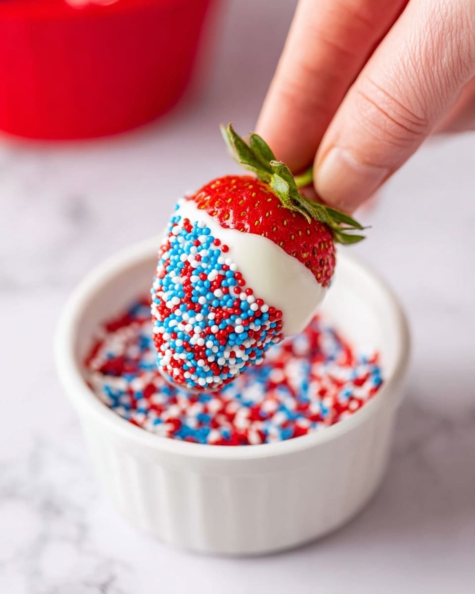 A close-up image shows a woman's hand holding a strawberry by its green top, dipping half of the strawberry in white icing, which is covered with small round sprinkles in red, white, and blue. The strawberry is dipped into a white bowl full of these colorful sprinkles. The background has a white marbled texture, and a red object is slightly visible in the upper part of the image. Photo taken with an iphone --ar 4:5 --v 7