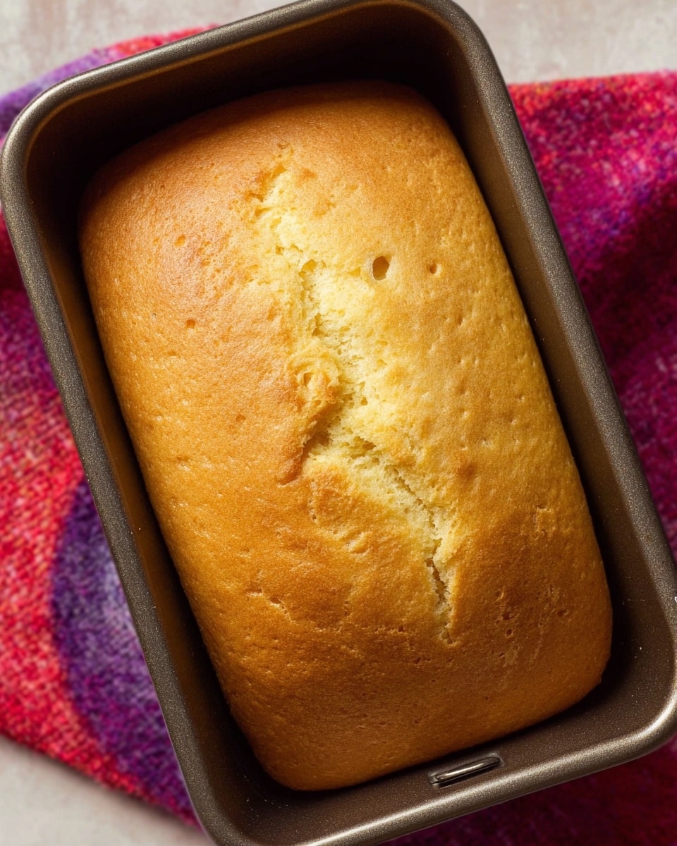 A single loaf of golden yellow bread with a smooth top and a natural crack running from near the center to the side is shown inside a rectangular dark baking pan. The bread looks soft and slightly spongy with small air holes visible across its surface. The pan edges are slightly raised, and the baking pan rests on a colorful textured cloth with red and purple shades, but the background is changed to a white marbled texture. photo taken with an iphone --ar 4:5 --v 7