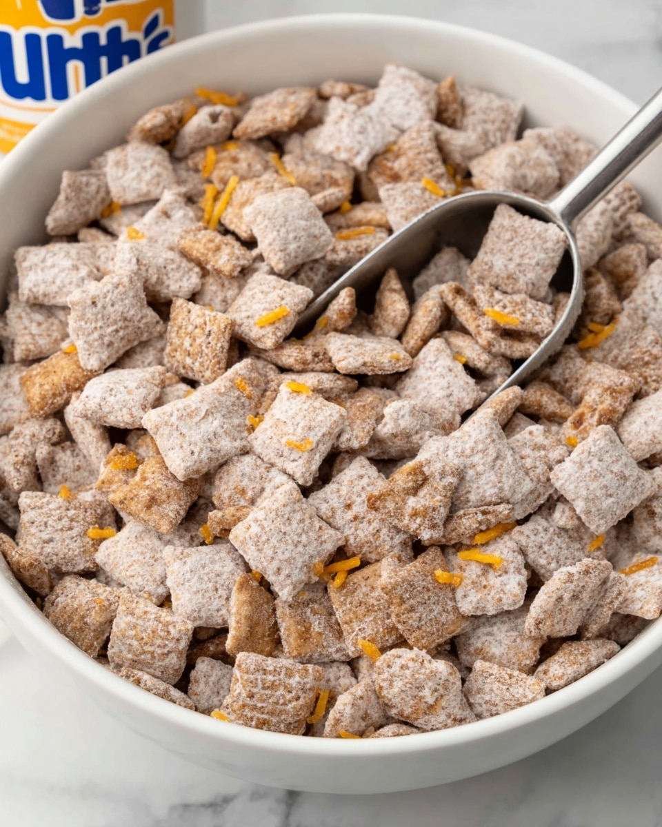 This image shows a close-up of a white bowl filled with small square-shaped cereal pieces covered in light brown powder. The cereal squares have a rough texture and are mixed with small scattered pieces of orange-colored bits. A metal scoop is partially filled with the cereal and rests inside the bowl. The bowl is placed on a white marbled surface. photo taken with an iphone --ar 4:5 --v 7