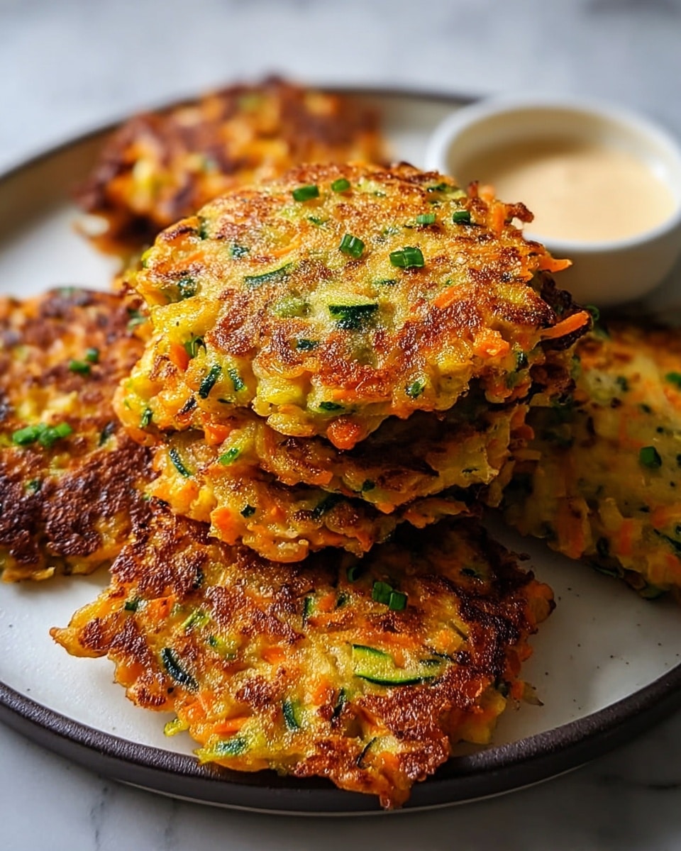 A stack of four golden-brown vegetable patties is placed on a wooden surface with a white marbled texture in the background. Each patty shows colorful bits of orange carrots and green zucchini mixed into a crispy, textured batter that looks soft inside. On the top patty, there is a dollop of smooth white cream garnished with small green chopped herbs, creating a fresh contrast to the warm tones of the patties. The edges of the patties are slightly uneven, giving a homemade feel. photo taken with an iphone --ar 4:5 --v 7