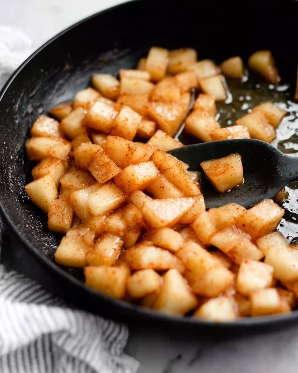 The image shows light brown, small, soft cubes of cooked fruit in a black pan. The cubes are evenly spread with slight gloss and a few specks of spice, giving a warm, cozy look. A black spoon rests in the pan, partially under the cubes, with some juice visible around it. The pan sits on a white marbled texture, with a cloth underneath showing faint stripes in the blurred background. Photo taken with an iphone --ar 4:5 --v 7