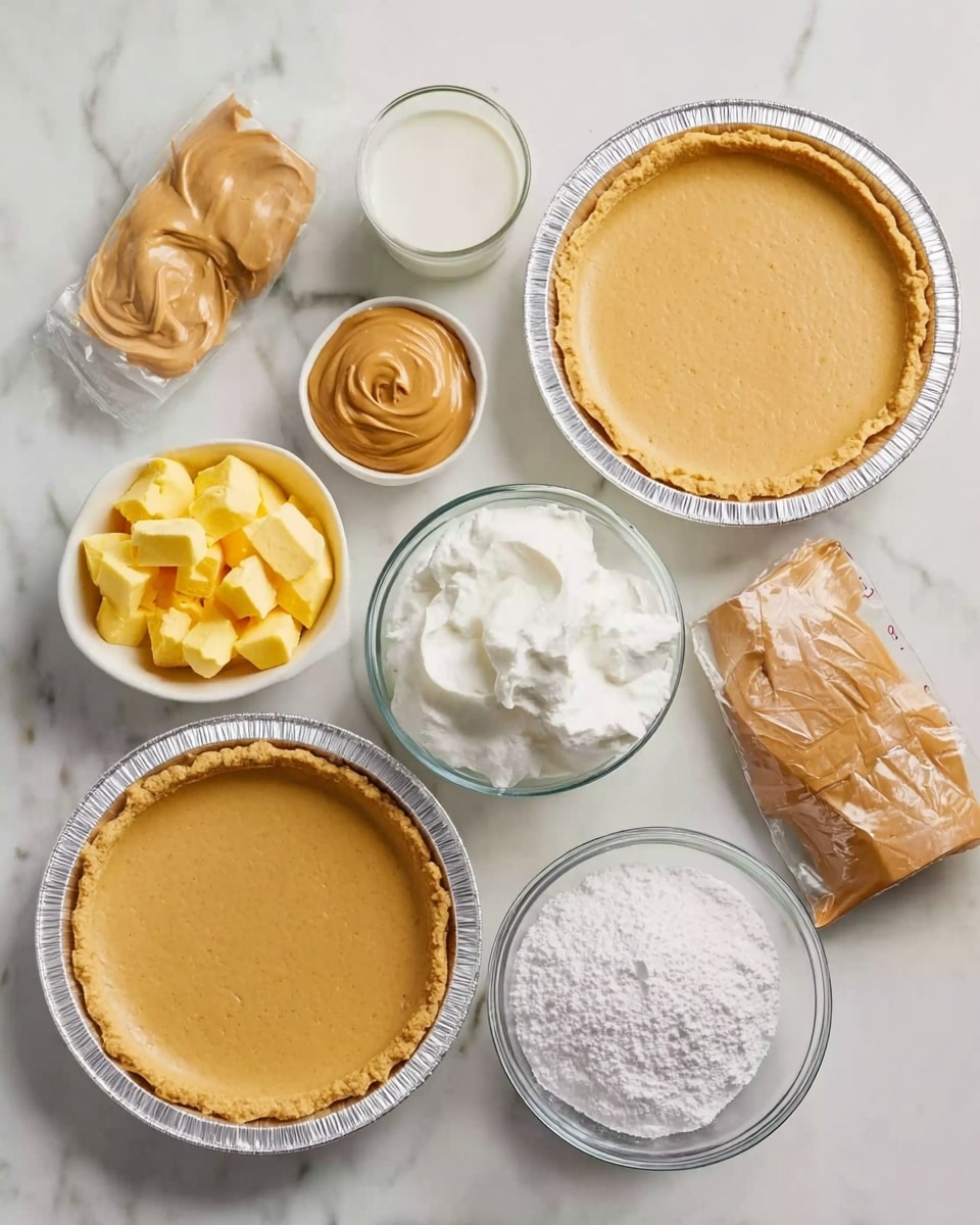 The image shows two white foil pie crusts placed on a white marbled surface, each filled with a smooth, light brown base. Above them, there are six bowls and a packet arranged in a loose circular shape: a small white bowl with bright yellow chunks of butter, a medium clear bowl holding fluffy white cream, a smaller clear bowl with thick peanut butter, a glass measuring cup with a little milk, and a bowl full of white powdered sugar. There is also a wrapped brown package near the butter. The textures range from smooth and creamy to powdery and firm. Photo taken with an iphone --ar 4:5 --v 7