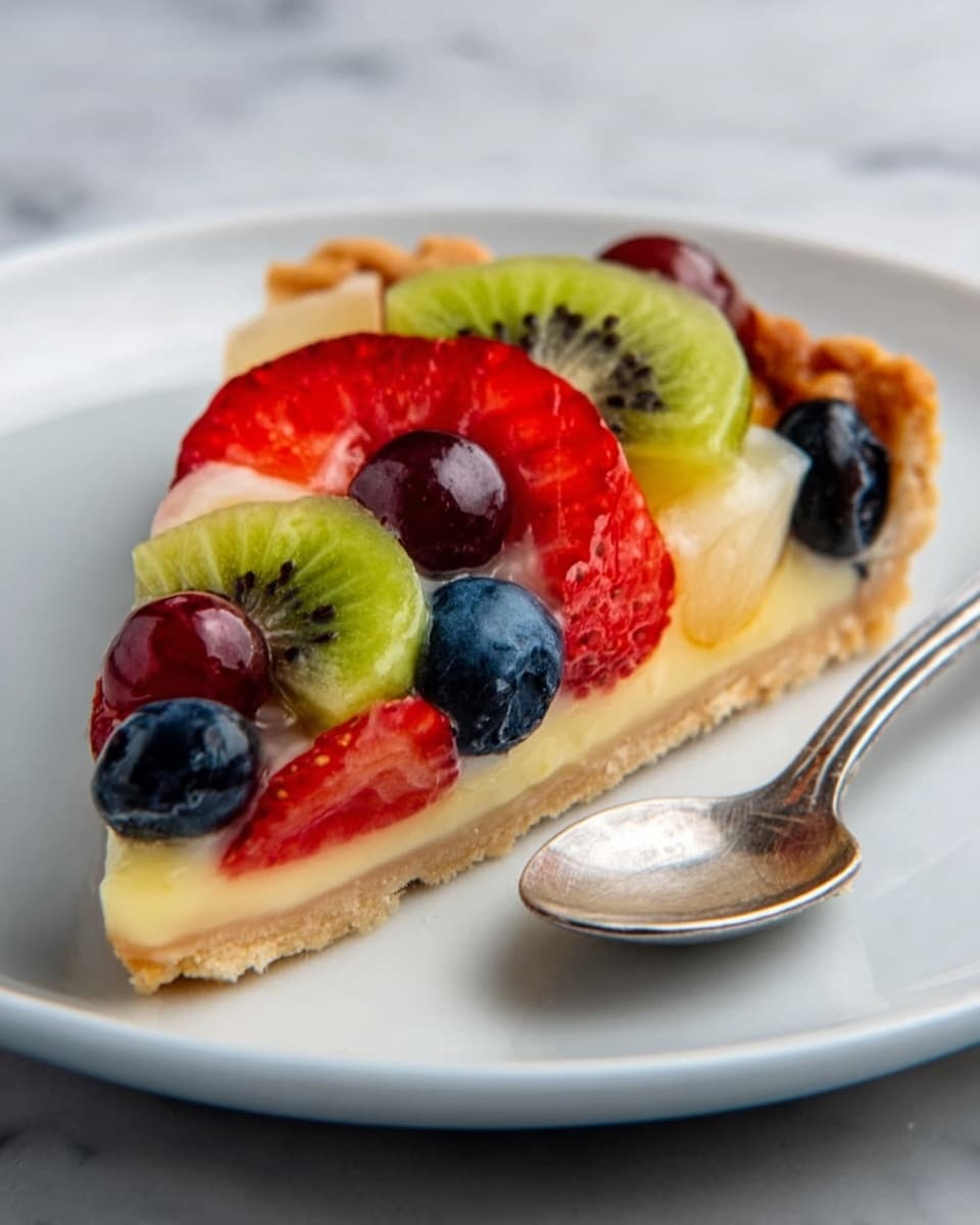 A slice of fruit tart on a white plate with a silver spoon on the side, showing three visible layers: a thin golden-brown crust at the bottom, a smooth pale yellow cream layer in the middle, and a colorful top layer of fresh fruit including bright red strawberries, translucent kiwi slices with green and black seeds, deep blue blueberries, and a shiny red grape. The plate is placed on a white marbled surface. photo taken with an iphone --ar 4:5 --v 7