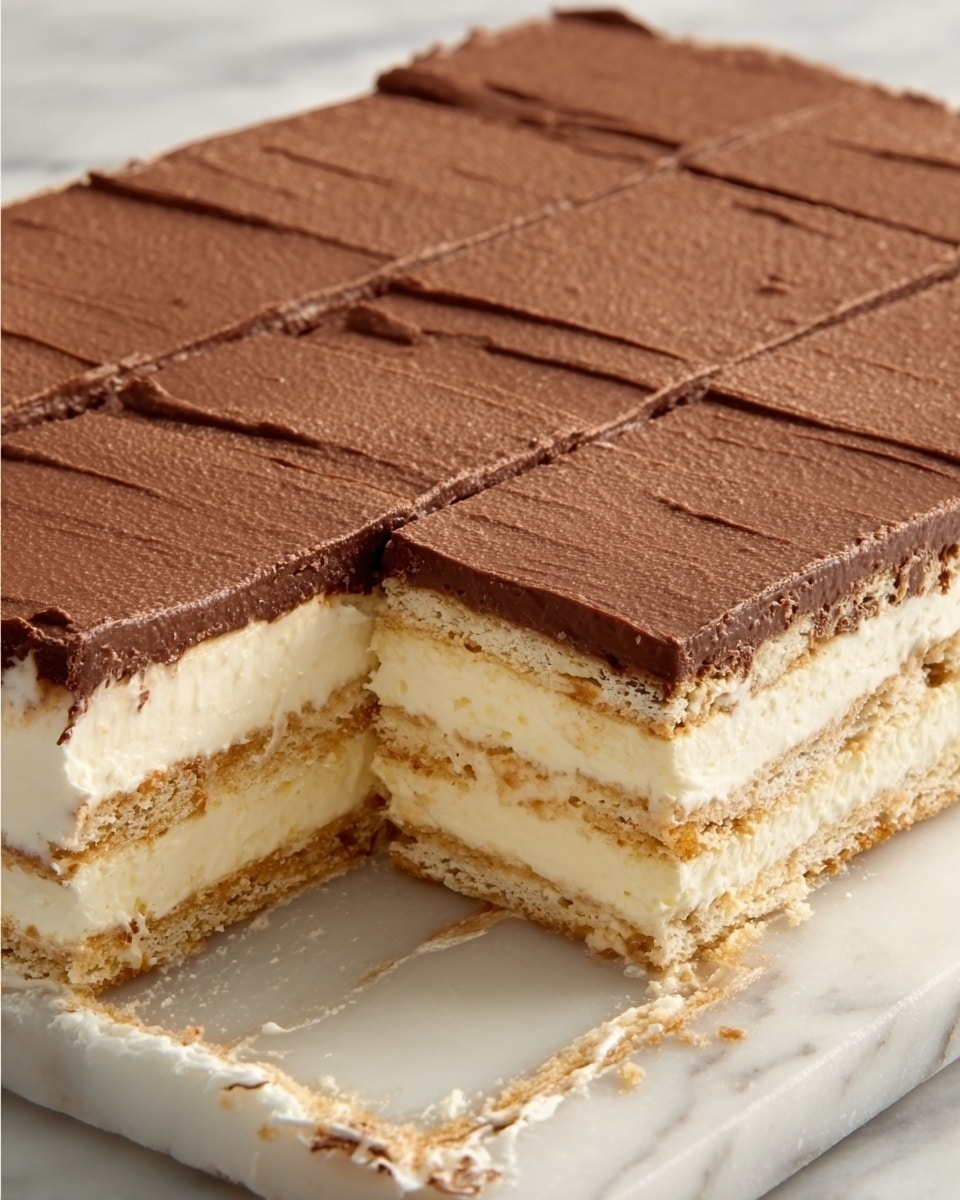 The image shows a close-up of a rectangular dessert with four visible layers. The top layer is a smooth, even layer of chocolate with a matte finish, spread neatly over the surface, cut into squares. Below the chocolate layer, there are alternating layers of light cream and thin, light brown biscuit layers; three cream layers are thick and fluffy, while the biscuit layers are thin and slightly textured. The dessert is placed on a white marbled surface, and one piece has been cut out, showing the clean, layered inside clearly. photo taken with an iphone --ar 4:5 --v 7