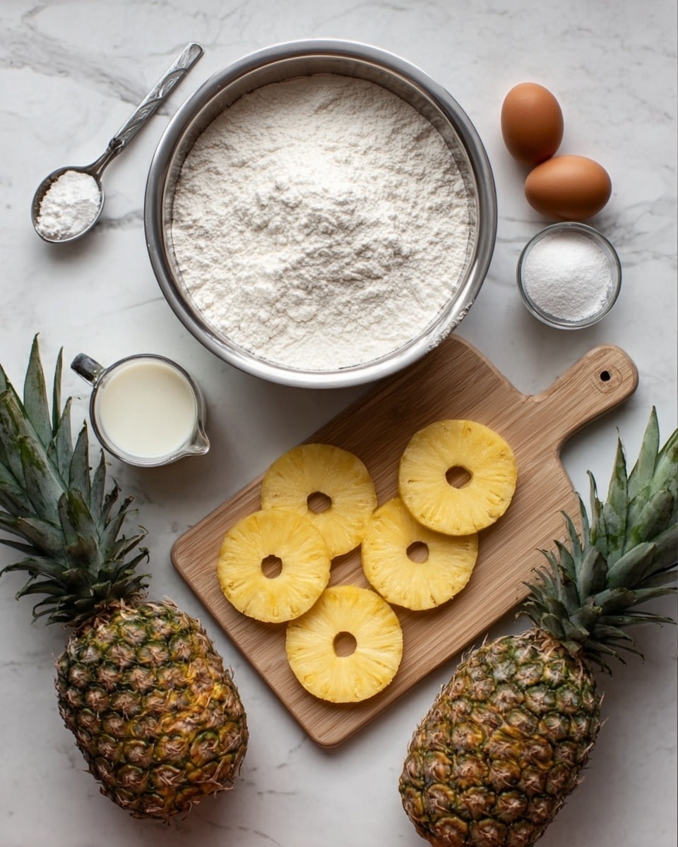 The image shows a setup of baking ingredients on a white marbled surface. At the center is a large silver bowl full of white flour. Near the bowl are two brown eggs placed side by side. To the left, there is a small measuring cup with white liquid, likely milk, and a metal spoon of a white powder, probably baking powder or sugar. At the bottom, five round pineapple rings with a light yellow color are neatly arranged on a light wooden board. Whole pineapples with spiky green leaves and rough brown skin are positioned on both sides of the board. The scene is bright and clear, with a clean and simple look. photo taken with an iphone --ar 4:5 --v 7