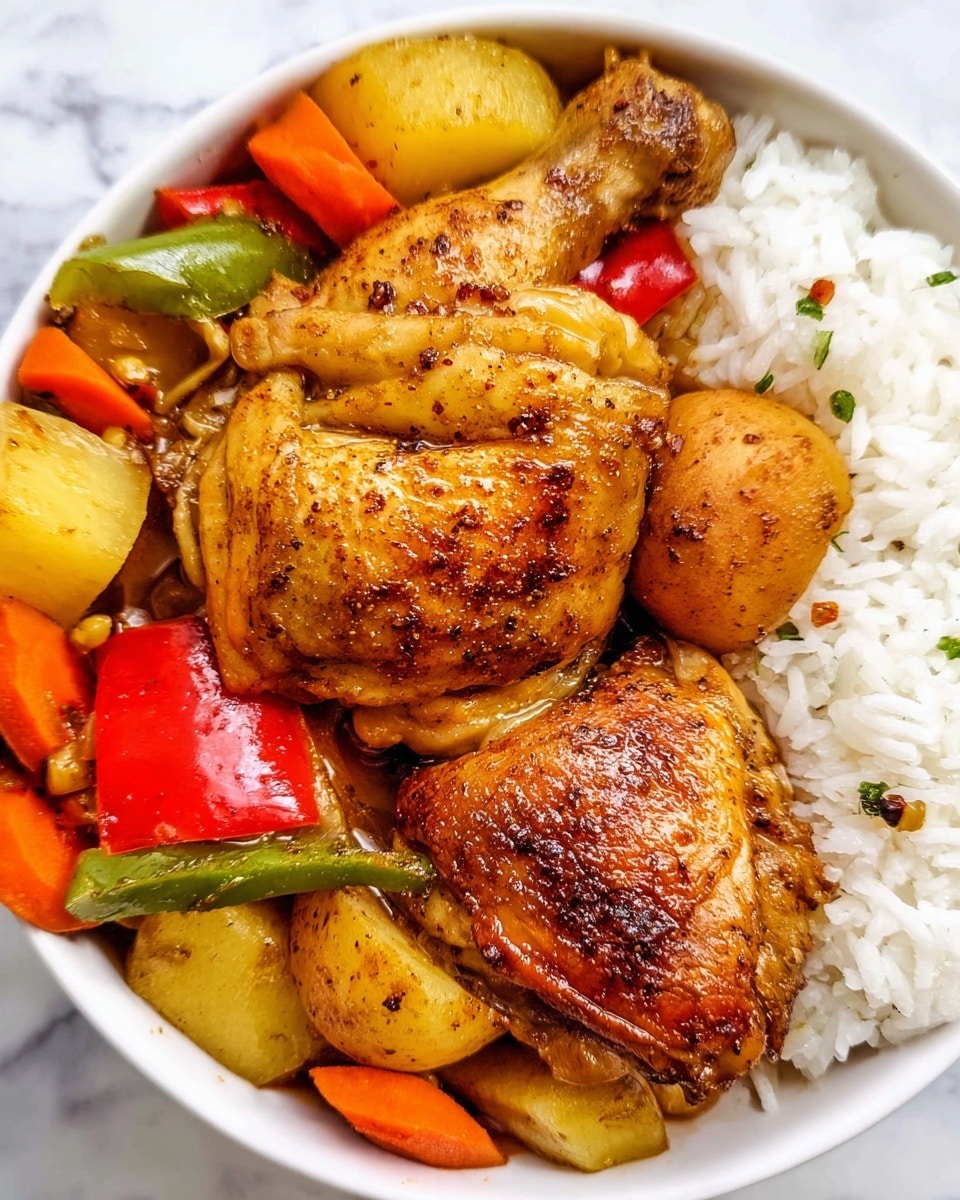 The image shows a white bowl filled with two pieces of golden-brown cooked chicken sitting on a bed of white rice on the right side. Around the chicken, there are colorful vegetables including bright orange carrot slices, red peppers, and green pepper pieces, as well as small chunks of yellow potatoes. The chicken looks moist with a slightly shiny, spiced surface. The bowl is placed on a white marbled surface. photo taken with an iphone --ar 4:5 --v 7