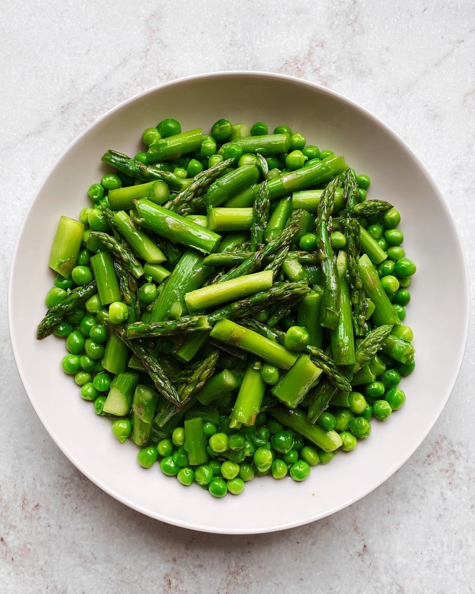 A white round plate filled with two layers of bright green vegetables; the bottom layer is small round green peas, while the top layer has short green asparagus stalks cut into bite-sized pieces with visible tips. The vegetables look fresh and glossy, placed on a white marbled surface. photo taken with an iphone --ar 4:5 --v 7
