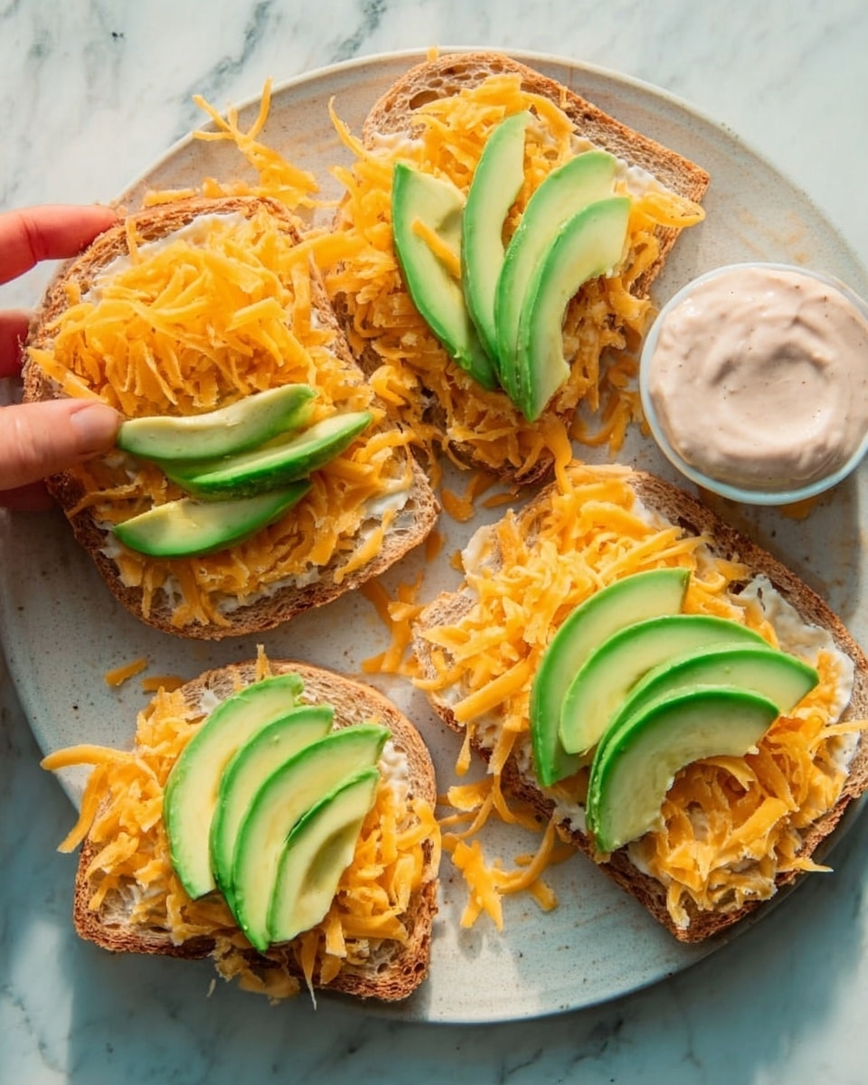 The image shows four slices of toast arranged on a white plate on a white marbled surface. Each slice is topped with a layer of bright orange shredded cheese that looks soft and melted, covering the entire surface of the toast. On top of the cheese, there are slices of fresh green avocado placed in a neat pattern, two or three slices per toast. To the side of the plate, there is a small white bowl filled with a creamy light pink sauce. A woman's hand is holding a piece of toast from the top left corner of the plate. The lighting is natural, bright, and evenly lit, making the colors of the cheese and avocado stand out. photo taken with an iphone --ar 4:5 --v 7