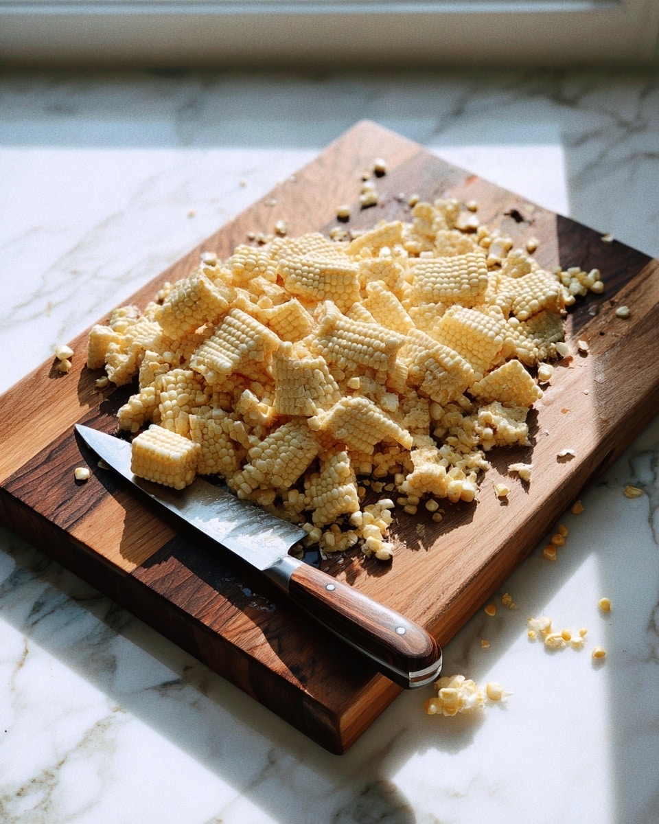 A wooden cutting board filled with many pieces of light yellow corn, some with a bumpy texture, some smaller scattered kernels around the edges, and a kitchen knife with a brown handle rests at the front of the board. The cutting board is placed on a white marbled surface near a window shining soft daylight. photo taken with an iphone --ar 4:5 --v 7