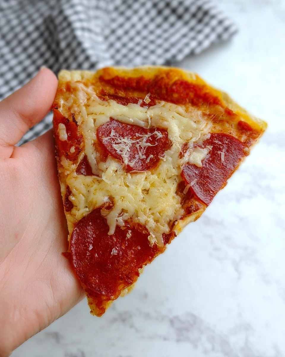 A slice of pizza held in a woman's hand, showing a thin golden crust base. On top is a layer of bright red tomato sauce, covered by melted cheese that is pale yellow and slightly browned in spots. Under the cheese, round slices of pepperoni are visible, deep red with a smooth texture. The background is a white marbled surface and there is a soft-focused checkered cloth near the top edge. photo taken with an iphone --ar 4:5 --v 7