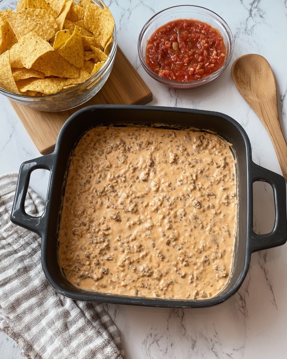 A black square pan filled with a creamy, light brown mixture with visible small chunks, likely a cheese and meat dip. Next to the pan, on a white marbled surface, there is a clear glass bowl filled with yellow tortilla chips and a small clear glass bowl with red salsa sitting on a light wooden board. To the right, a wooden spoon with a light-colored handle lies on a white and gray checkered cloth. photo taken with an iphone --ar 4:5 --v 7