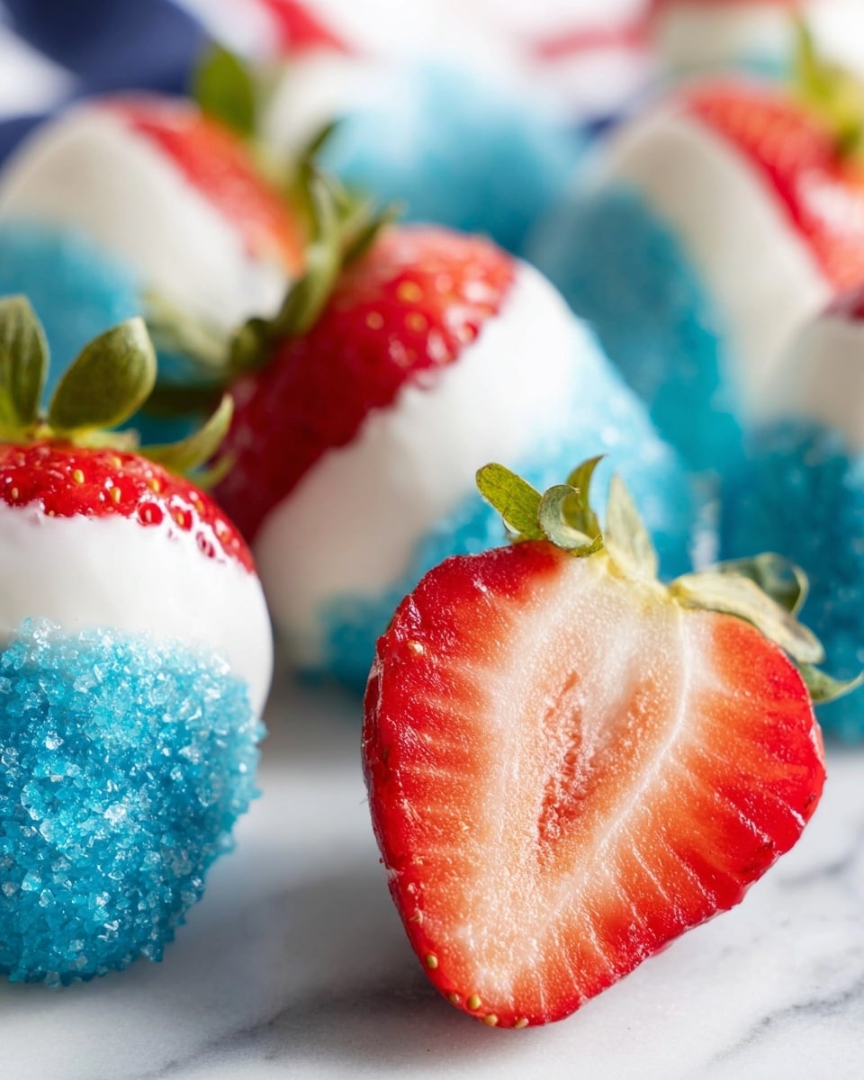 The image shows a close-up of several strawberries that are each covered in two layers: a smooth white coating closest to the fruit and a crystalline blue sugar layer on the outside. The strawberries are bright red with green leafy tops, and one strawberry is cut in half, showing its juicy, fresh inside. The strawberries are placed on a white marbled surface with soft blurred colors in the background. photo taken with an iphone --ar 4:5 --v 7