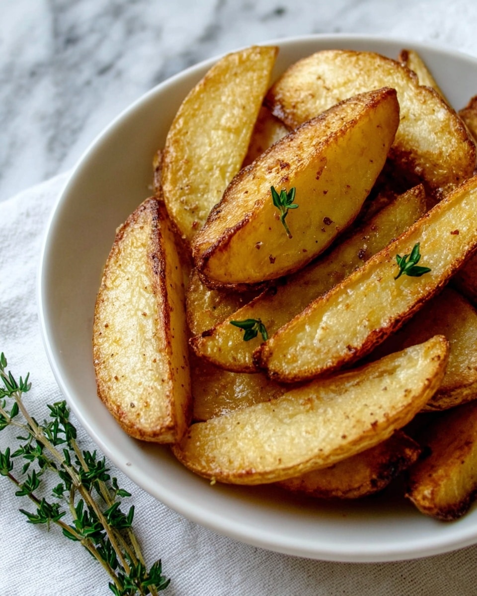 A white plate filled with golden brown roasted potato wedges that have a crispy edge and soft texture. The potatoes are stacked with some overlapping, showing their light yellow inside and browned, crunchy outside. On top of the wedges, there is a small sprig of green thyme, adding a fresh touch. Next to the plate, more sprigs of thyme lie on a white marbled surface, completing the simple, rustic look. photo taken with an iphone --ar 4:5 --v 7