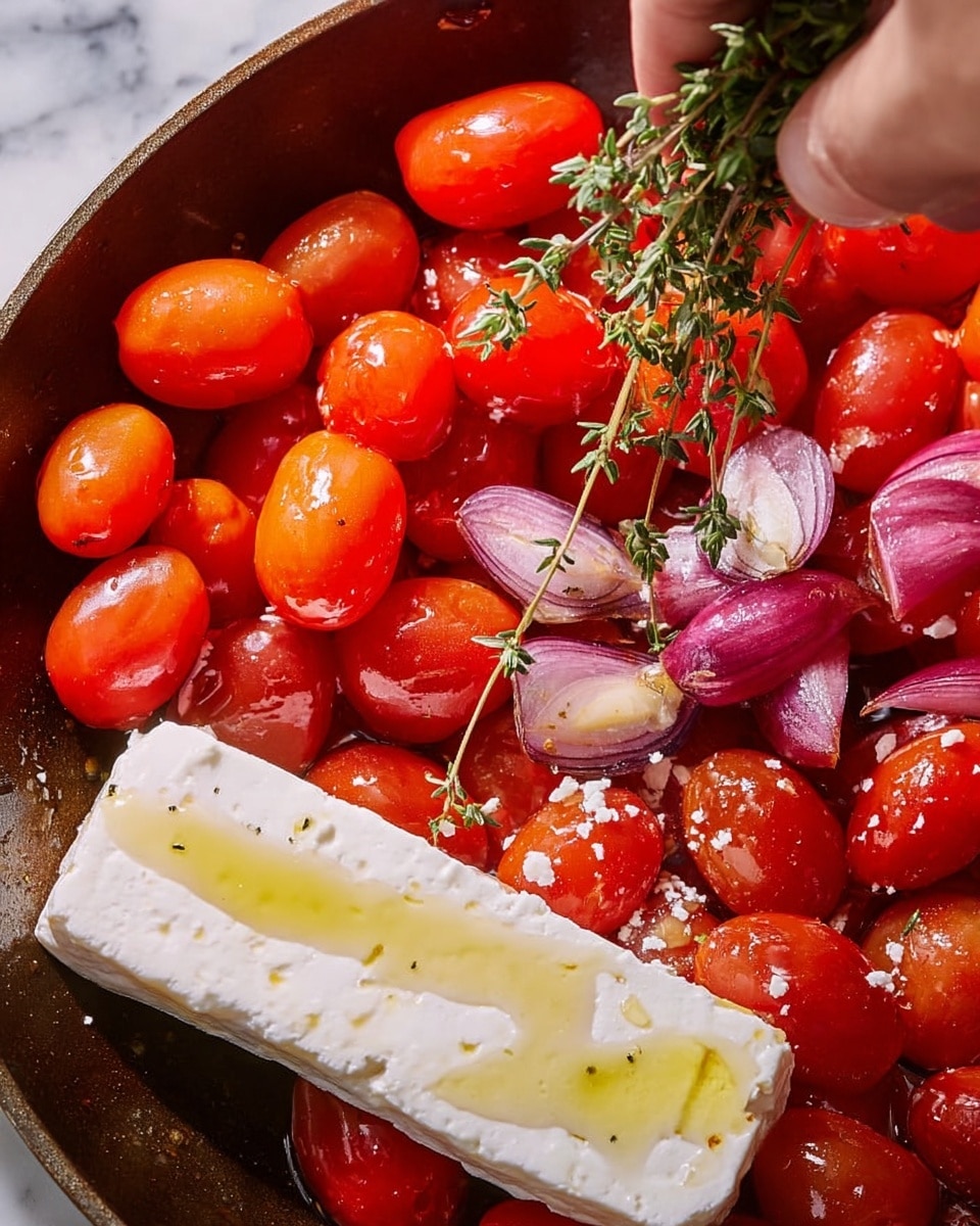 The image shows a close-up view of a pan filled with shiny, vibrant red grape tomatoes. There is a piece of white cheese with a smooth texture on the right side, drizzled with golden olive oil. Mixed in with the tomatoes are small sections of purple and white shallots, and several sprigs of fresh green thyme are being held by a woman's hand above the ingredients. The background is a white marbled surface. photo taken with an iphone --ar 4:5 --v 7