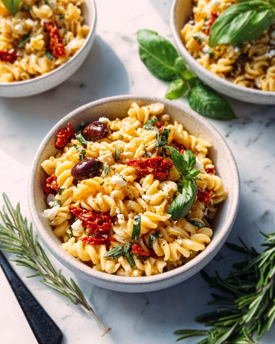 The image shows a white bowl filled with a pasta salad made of curly pasta in pale yellow. The pasta is mixed with pieces of red sun-dried tomatoes, vibrant green basil leaves, and small bits of white cheese. Some brown olives are also scattered around, adding dark spots to the mix. The bowl sits on a white marbled surface, with a black spoon beside it. In the background, two white bowls are partially visible, filled with more pasta salad, surrounded by fresh green basil leaves and a sprig of rosemary. The lighting is soft and natural, making the colors pop. photo taken with an iphone --ar 4:5 --v 7