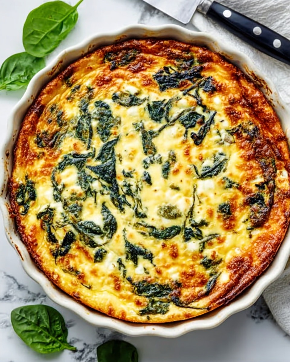 A white round dish filled with a golden-brown baked quiche that has a slightly crispy cheese top layer. Beneath the cheese is a creamy, light yellow egg filling mixed with dark green spinach leaves spread evenly throughout. The edges of the quiche are slightly browned and firm, contrasting the soft center. The dish is on a white marbled surface with a black-handled knife beside it and some fresh green basil leaves nearby. Photo taken with an iphone --ar 4:5 --v 7