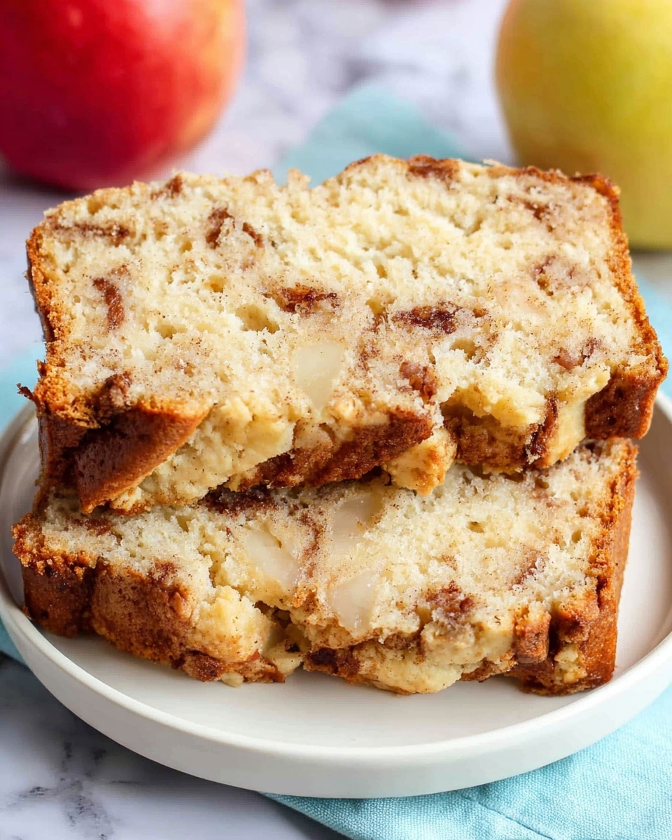 Two thick slices of cinnamon apple bread are stacked on a white plate, showing a light golden brown crust with a soft, crumbly texture inside. The bread has visible chunks of apple and cinnamon swirls throughout each slice, giving it a speckled look with light beige and darker brown tones. In the background, a red apple and a yellow apple are partially visible on a white marbled surface. photo taken with an iphone --ar 4:5 --v 7