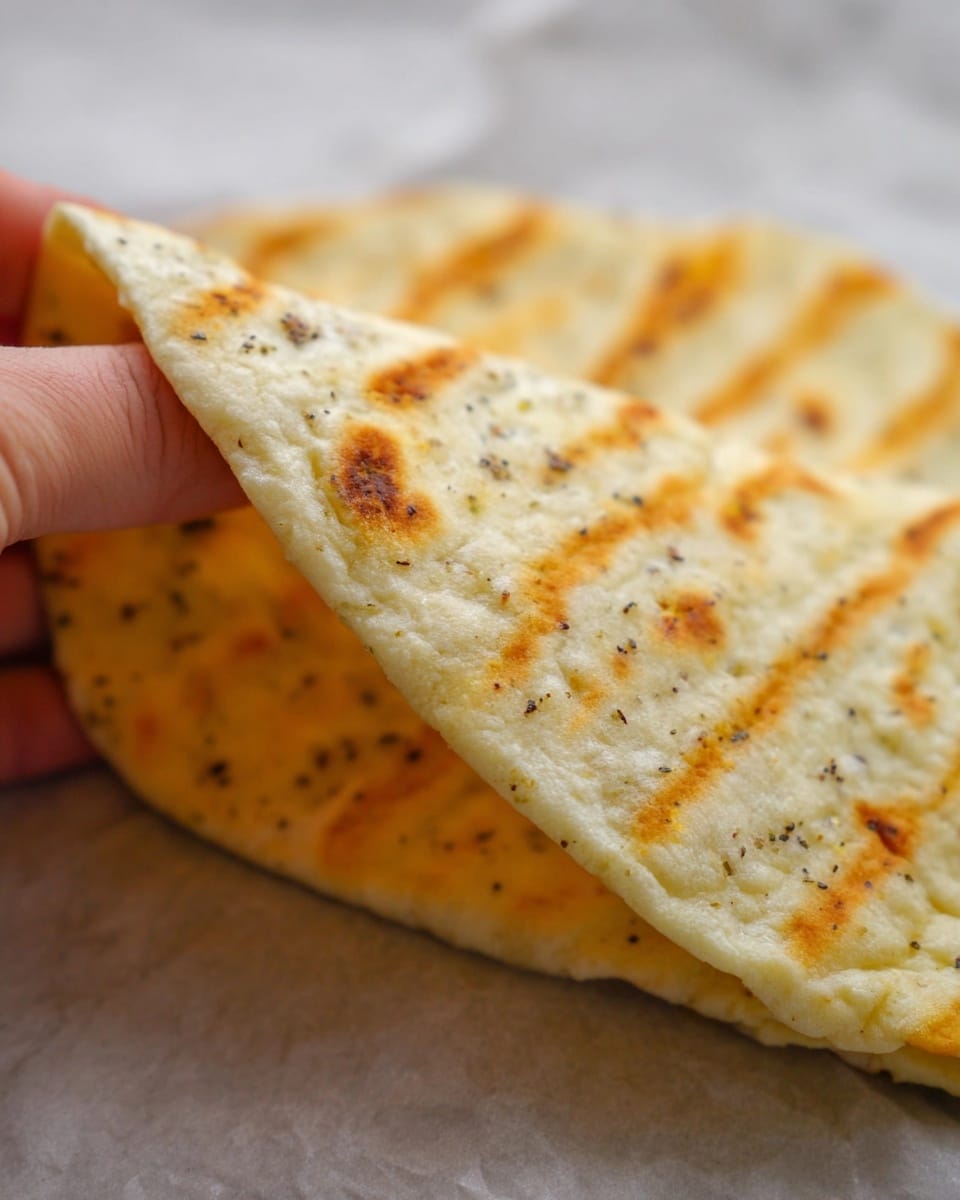A close-up view of a piece of flatbread held between the fingers of a woman's hand, showing a light golden brown surface with some darker browned spots and small black specks of seasoning. The flatbread has visible even grill marks creating a pattern of lines and a soft, slightly textured appearance. The background is a soft, out-of-focus white marbled surface, enhancing the focus on the flatbread's warm tones and texture. photo taken with an iphone --ar 4:5 --v 7