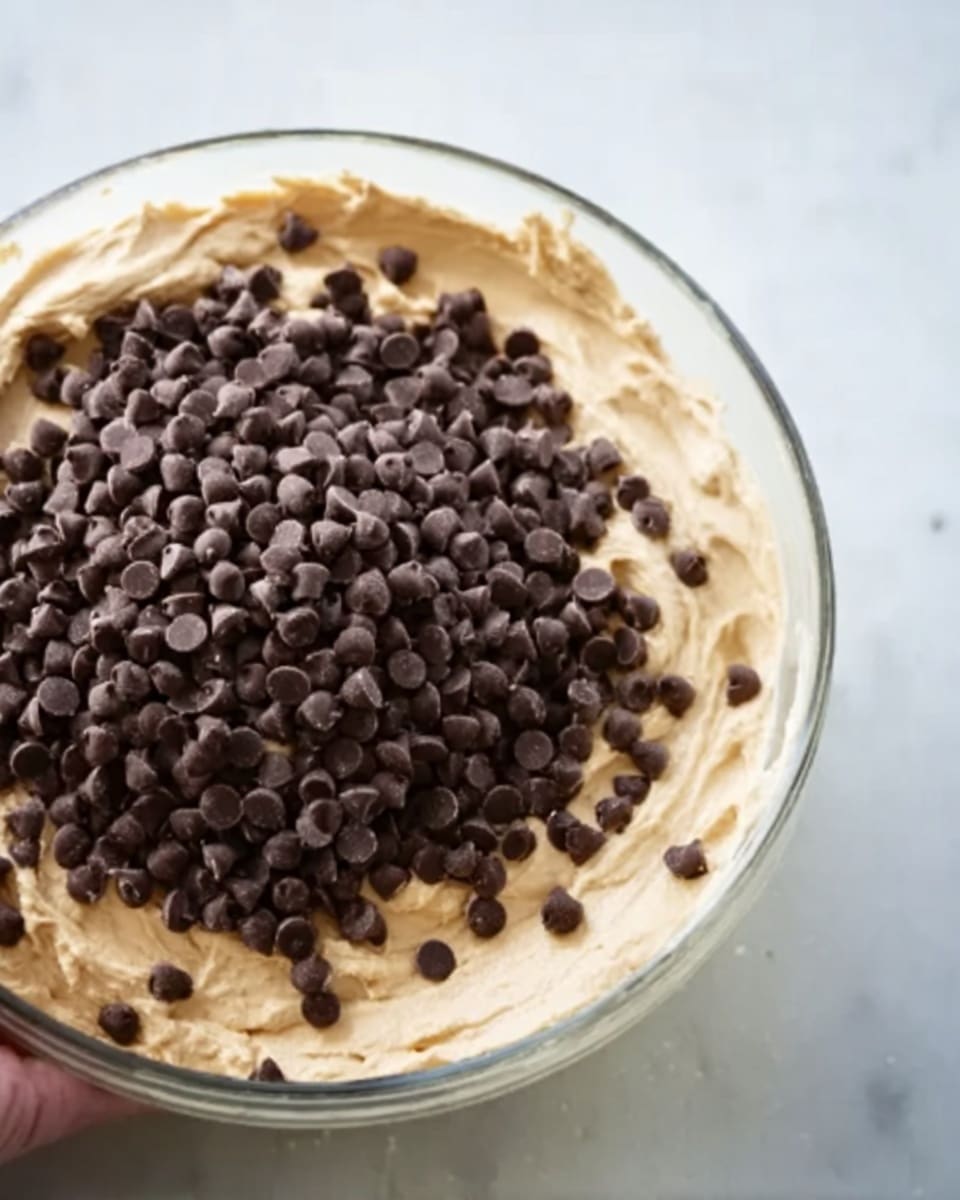 The image shows a clear glass bowl filled with a thick, creamy light tan mixture that looks smooth and soft. On top of the creamy layer, there is a large pile of small dark brown chocolate chips, evenly spread across the surface. The glass bowl sits on a white marbled surface. A woman's hand is holding the bowl slightly from the side. The light in the image is soft and natural, highlighting the texture of the creamy layer and the chocolate chips. photo taken with an iphone --ar 4:5 --v 7