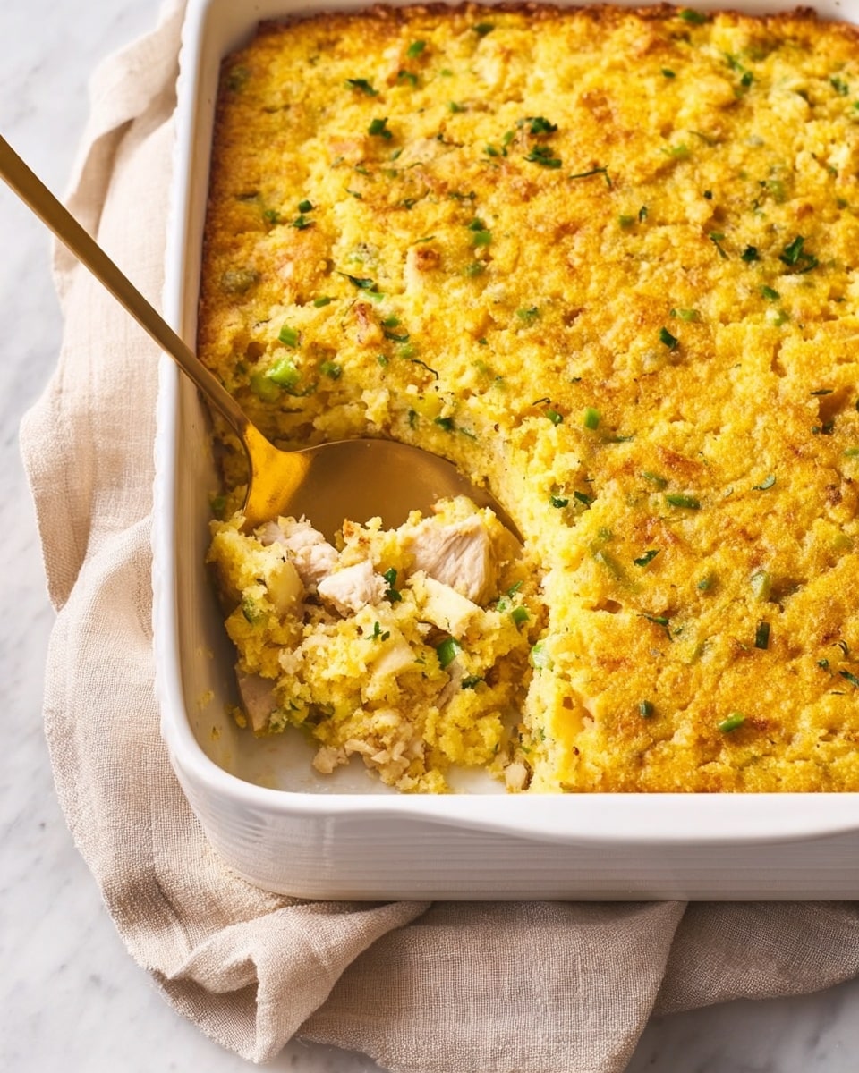 The image shows a white baking dish filled with a golden-yellow baked casserole with a crumbly texture and scattered pieces of green herbs or vegetables throughout. The casserole has a slightly crispy browned edge. A scoop is taken out from one corner, revealing a moist, layered inside with chunks of light-colored meat and bits of green mixed in. A gold spoon is placed in the scooped-out area, resting on the casserole. The dish sits on a soft beige cloth, all on a white marbled surface. Photo taken with an iphone --ar 4:5 --v 7