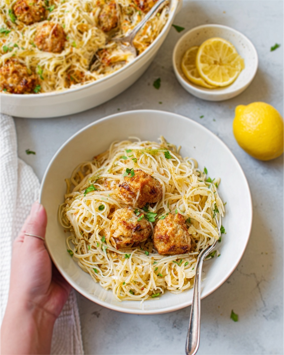 The image shows a white bowl filled with thin cooked noodles topped with three golden-brown meatballs. The noodles look soft and slightly shiny, with small green herb pieces sprinkled throughout. A silver fork rests inside the bowl, held by a woman's hand from the left side. Behind the bowl, there is a large white casserole dish filled with the same noodles and meatballs, with a similar golden tone and some herbs on top. Next to the bowl, there's a halved lemon and a small bowl with yellow mustard or sauce on a white marbled surface. The overall scene is bright and clean with natural lighting, focused on the food. Photo taken with an iphone --ar 4:5 --v 7