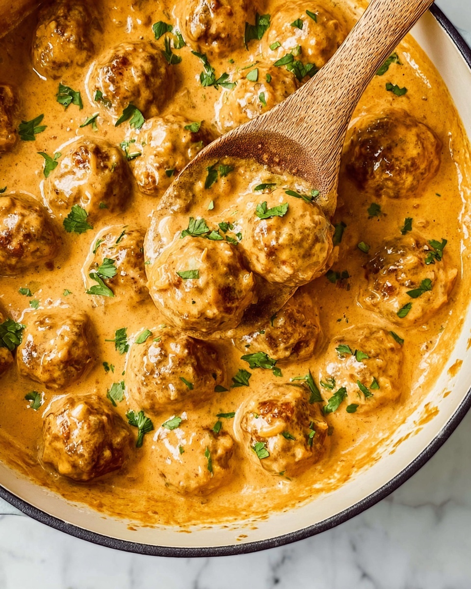 The image shows a pot filled with round meatballs covered in a thick, creamy orange sauce with small chunks in it. Bright green chopped herbs are sprinkled on top, adding contrast. A wooden spoon lifts a few meatballs, showing the smooth texture of the sauce and the meatballs underneath. The pot is on a white marbled surface, creating a clean and simple background. photo taken with an iphone --ar 4:5 --v 7