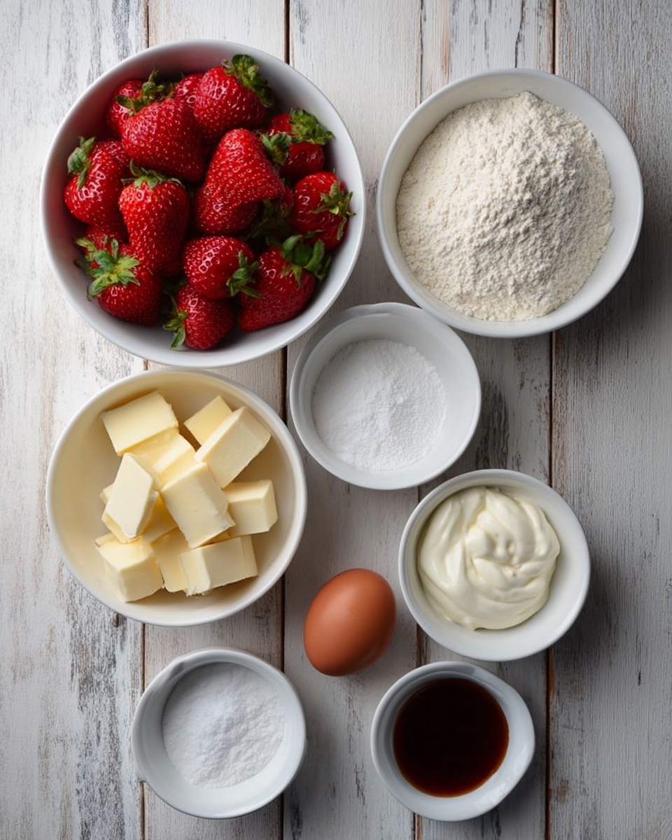The image shows seven white bowls and a brown egg arranged on a white wooden surface. The top row has a bowl filled with fresh red strawberries with green leaves, next to a bowl with white flour. Below them is a bowl with white granulated sugar. In the third row, there is a bowl with yellow butter cubes on the left and a bowl filled with white cream on the right. At the bottom, there are two small white dishes, one with a white powder and the other with dark brown liquid, and a brown egg between them. All bowls are white and the background is a white marbled texture. photo taken with an iphone --ar 4:5 --v 7