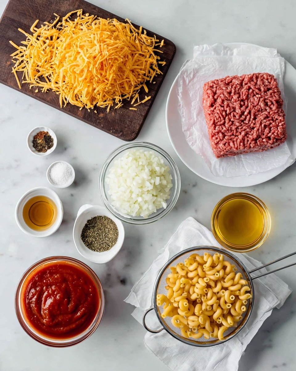 Creamy Cheddar Beef Macaroni Casserole Recipe 4 The image shows an overhead view of various ingredients laid out on a white marbled surface. At the top right, there is a rectangular block of raw ground meat on white paper placed on a white plate. To the left, there is a pile of shredded orange cheese on a dark wooden board. Below the cheese, there is a small glass bowl filled with finely chopped white onions. To the right of the onions is a strainer with yellow elbow macaroni resting on a white cloth. Near the bottom center, a clear glass bowl holds thick red tomato sauce. Around these main items, there are small white bowls and a yellow bowl containing seasonings and liquids, including minced garlic, dried herbs, black pepper, salt, a dark brown liquid, and a golden liquid. The colors and textures contrast nicely on the white marbled background, with a clean and organized look. Photo taken with an iphone --ar 4:5 --v 7