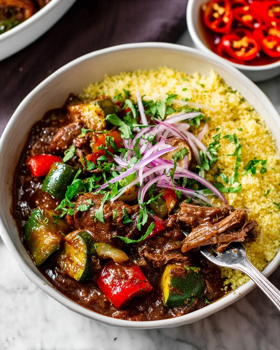 A white bowl filled with three layers: the bottom layer has a thick dark brown stew with chunks of green and red bell peppers and green zucchini pieces, the middle layer shows bright yellow couscous, and the top layer is garnished with thin, curved strips of purple onion and chopped fresh green herbs sprinkled over the stew. A metal fork is pulling apart a piece of tender meat from the stew in the bottom right corner. In the background, there is a small white bowl with bright red sliced chili peppers in liquid, all set on a white marbled surface. Photo taken with an iphone --ar 4:5 --v 7