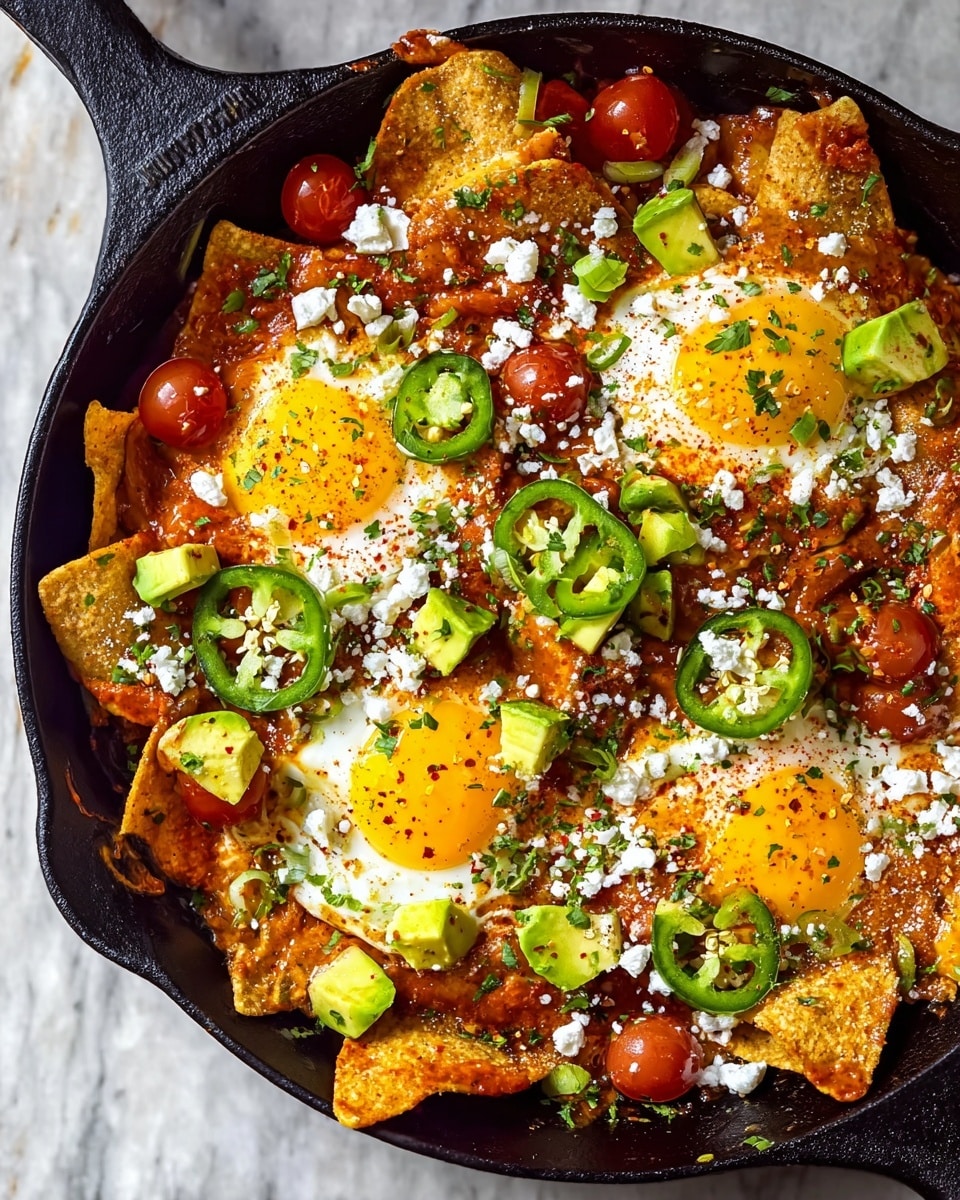 A black skillet filled with one layer of crispy, golden-brown tortilla chips coated with red sauce, topped with three sunny-side-up eggs with bright yellow yolks and white edges placed in the center. Scattered on top are green jalapeño slices, halved red cherry tomatoes, small green avocado cubes, and white crumbled cheese. Some green chopped herbs and red pepper flakes are sprinkled evenly over the entire dish. The skillet rests on a white marbled surface photo taken with an iphone --ar 4:5 --v 7