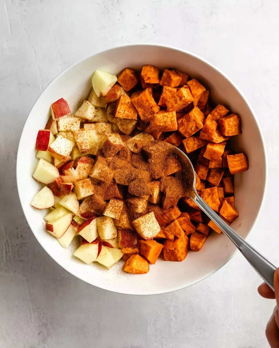 A white bowl holds small pieces of cubed apples and cubed sweet potatoes side by side. The cubed sweet potatoes are a bright orange color, and the apples are pale yellow with some red skin pieces. Both the apples and sweet potatoes are sprinkled with cinnamon powder, giving a warm brown dusting on top. A silver spoon is resting in the bowl, and a woman's hand is holding the spoon, ready to stir the mixture. The bowl is on a white marbled surface. photo taken with an iphone --ar 4:5 --v 7