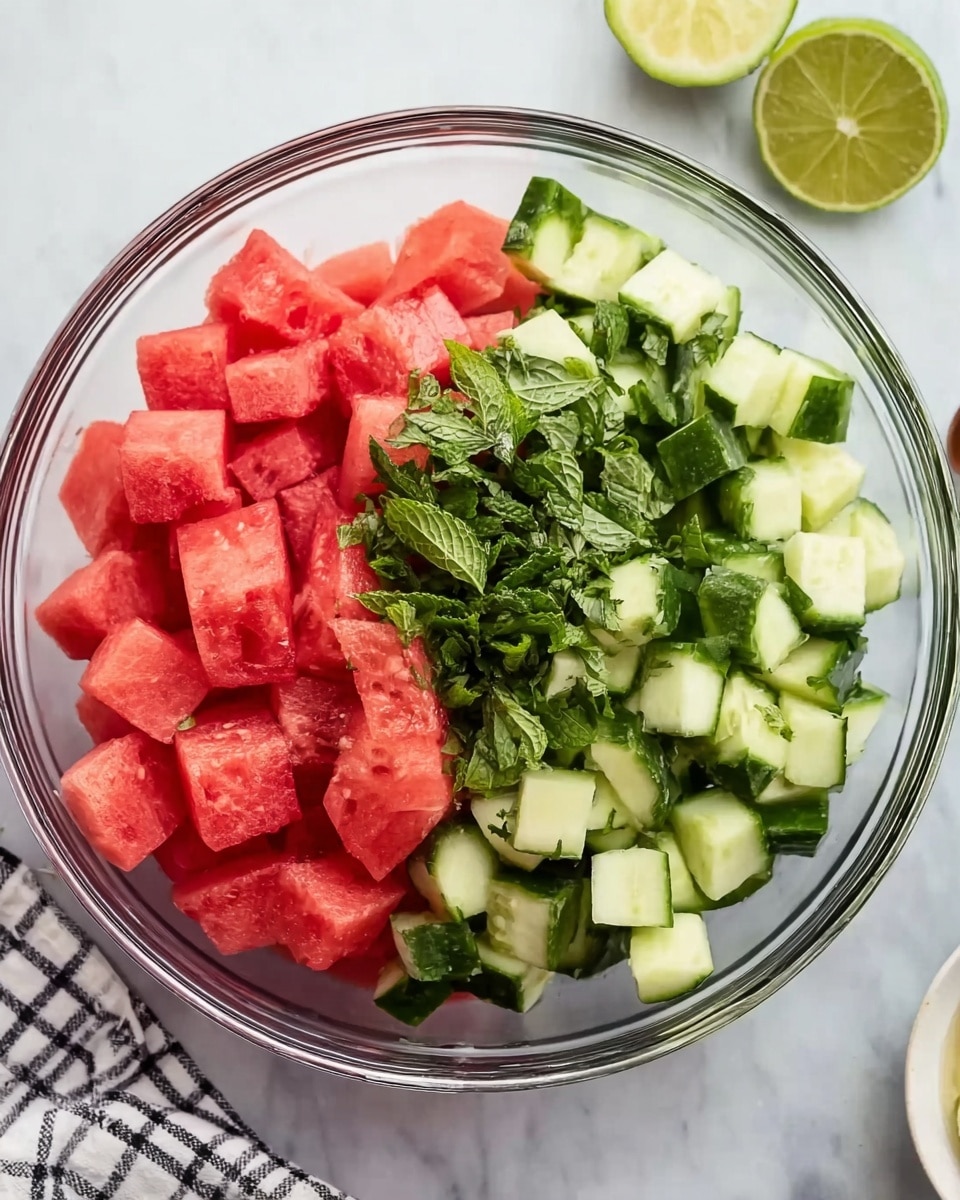 A clear glass bowl shows three layers of fresh salad ingredients. On the left, there are big, soft cubes of bright red watermelon in the bottom two thirds. On the right, fresh cucumber pieces with a pale green inside and dark green skin fill a little more than half the bowl in height. On top of the watermelon, there is a smaller pile of chopped green mint leaves. The bowl sits on a white marbled surface with half a lime showing nearby and a checkered cloth on the bottom left edge. photo taken with an iphone --ar 4:5 --v 7