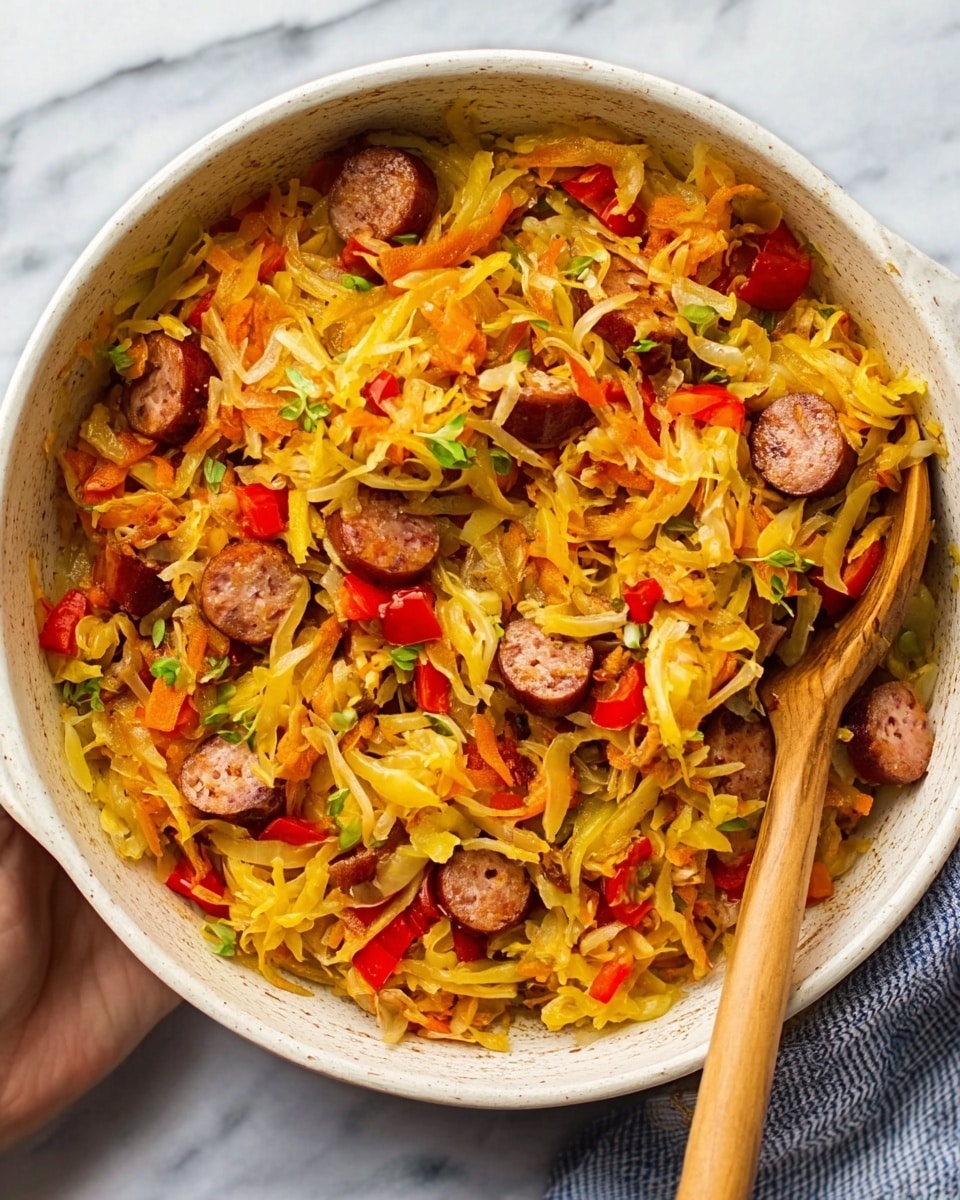 The image shows a white ceramic bowl filled with a colorful mix of shredded yellow and orange vegetables, small red pieces that look like chopped bell peppers, and slices of brown sausage on top. The bowl is placed on a white marbled surface, and there is a wooden spoon next to it. The food looks soft and mixed, with the different colors spread evenly. A woman's hand is holding the bowl from the side. Photo taken with an iphone --ar 4:5 --v 7