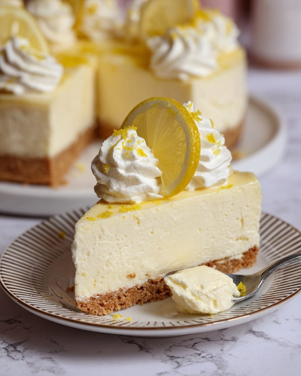 A slice of lemon cheesecake is shown on a white plate with brown dash patterns. The cheesecake has three clear layers: a light brown crunchy crust at the bottom, a thick creamy pale yellow cheese layer in the middle, and a slightly lighter yellow smooth topping. On top, there is a small white whipped cream swirl with two thin lemon slices placed on it, and yellow lemon zest is sprinkled lightly on the surface. A silver spoon holds a scoop of the creamy cheesecake near the front of the plate. The background shows the rest of the cheesecake with similar decoration on a white marbled surface. Photo taken with an iphone --ar 4:5 --v 7