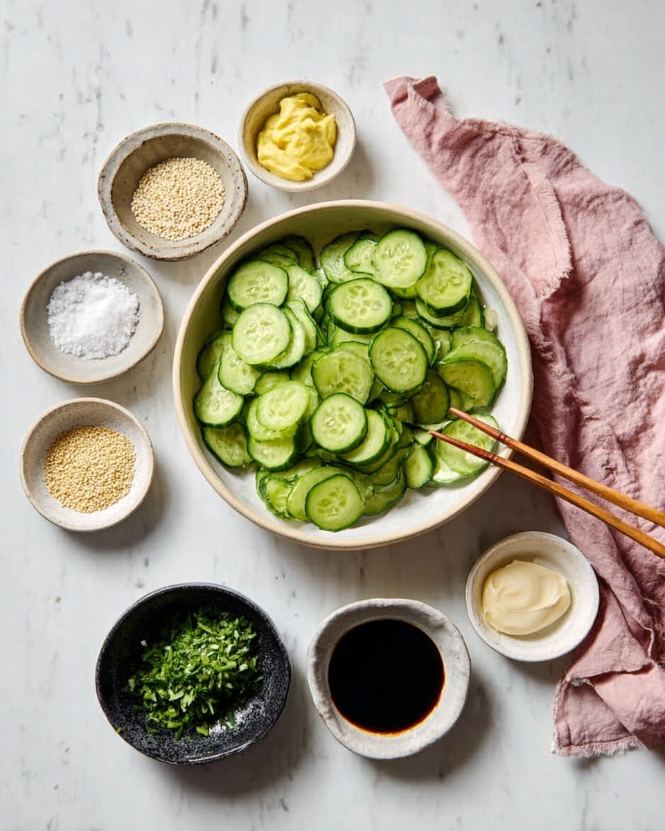 A white bowl filled with thinly sliced bright green cucumbers sits in the center. Below and around it, six small white bowls and plates hold different ingredients: one has light beige sesame seeds, another has coarse white salt, one contains creamy yellow mustard, a black bowl holds fresh dark green chopped herbs, a white bowl contains a light creamy sauce, and there is a small bowl with dark soy sauce at the bottom. A woman's hand holding wooden chopsticks reaches into the cucumber bowl. The background is a white marble surface with a pale pink cloth partly under the bowls photo taken with an iphone --ar 4:5 --v 7
