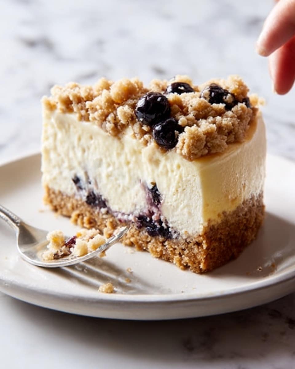 The image shows a thick cheesecake with three clear layers on a white plate set on a white marbled surface. The bottom layer is a firm, golden-brown crust. Above that is a large, creamy white cheesecake layer with a smooth texture. On top of the cheesecake is a thin layer of dark blueberries, followed by a crumbly golden streusel topping that looks crunchy. The cheese cake has one big slice taken out and some crumbs scattered around. Photo taken with an iphone --ar 4:5 --v 7