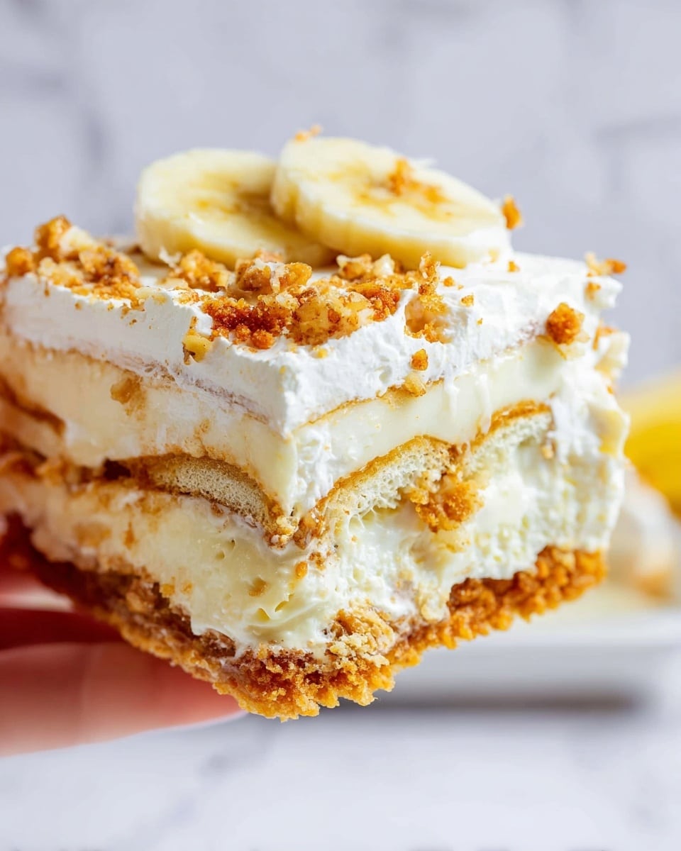A close-up of a multi-layer dessert held by a woman's hand with a white marbled background. The dessert has four visible layers: a bottom crunchy crust layer with a golden-brown color, a thick pale yellow creamy layer, a thin crumbly biscuit layer, a thick white whipped cream layer with crumbly bits, and topped with crushed crumbs and a banana slice on the top right corner. The texture looks soft and creamy with crunchy bits on top. Photo taken with an iphone --ar 4:5 --v 7