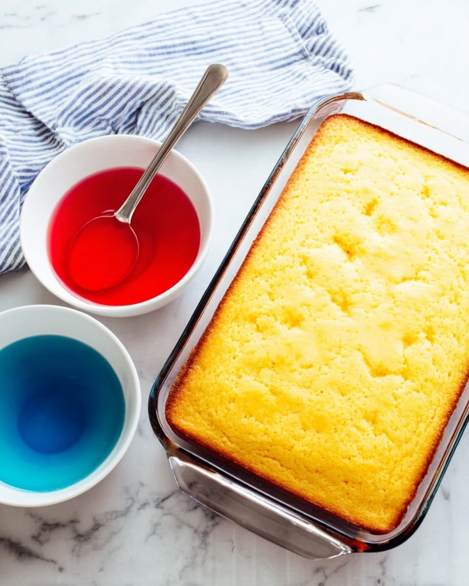 A rectangular, golden-yellow cake with a soft, slightly uneven top sits in a clear glass baking dish. To the left of the dish, two white bowls rest on a white marbled surface; one bowl contains bright red liquid with a silver spoon inside, and the other has bright blue liquid. A white and blue striped cloth is partly visible in the upper left corner. The scene is bright and clean with soft lighting. photo taken with an iphone --ar 4:5 --v 7