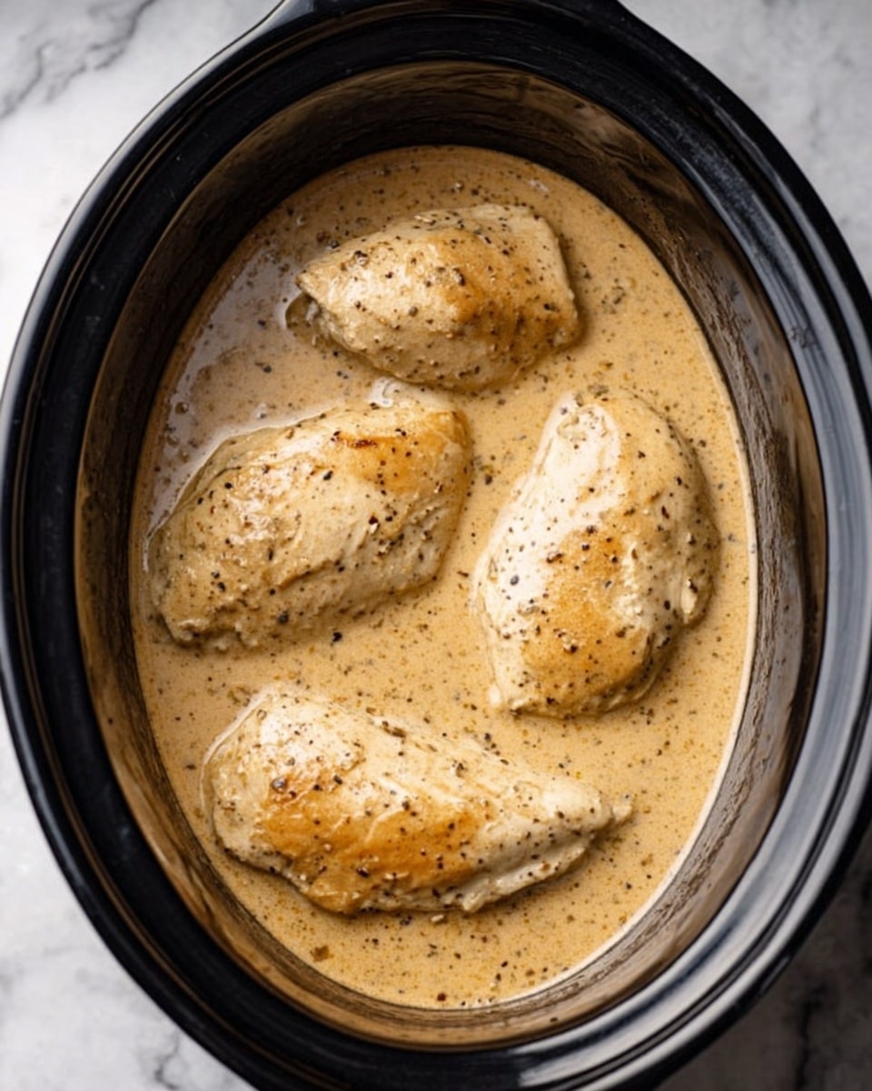 The image shows a black slow cooker filled with four pieces of cooked chicken covered in a creamy, light brown sauce with visible black pepper specks. The chicken pieces are arranged in a single layer, partially submerged in the thick sauce, which has a smooth texture. The top edges of the chicken have a slight golden browning. The slow cooker sits on a white marbled surface. Photo taken with an iphone --ar 4:5 --v 7