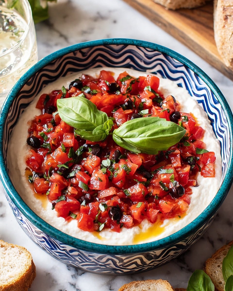 A bowl with blue wave patterns on the edge holds a dish with two layers. The bottom layer is creamy white and spread evenly across the bowl. The top layer is a mix of bright red, chopped tomatoes combined with small green herb pieces and small black olives or similar dark bits scattered throughout. Two fresh green basil leaves rest on top of the tomato mix, one on the left side and one on the right. The bowl sits on a white marbled surface with some bread and a glass of white drink nearby. Photo taken with an iphone --ar 4:5 --v 7
