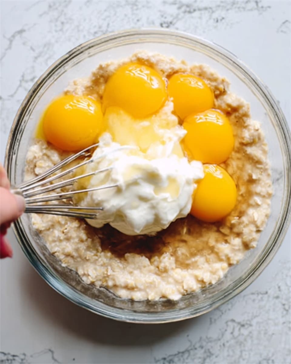 A clear glass bowl sits on a white marbled surface filled with a mix of cooked oatmeal and several raw egg yolks. The oatmeal is light beige and creamy, taking up most of the bowl, with the yolks bright yellow sitting on top along with a dollop of thick white cream. A metal whisk is partly immersed in the mixture, and a white woman's hand is holding the bowl from the left side. The scene is brightly lit and shows texture contrasts between the soft oatmeal, smooth yolks, and fluffy cream. Photo taken with an iphone --ar 4:5 --v 7