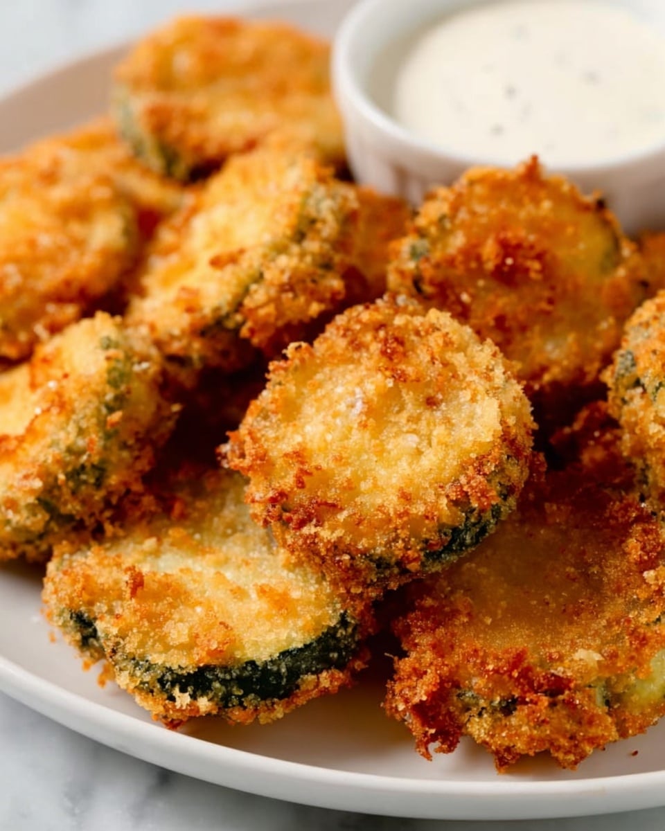 The image shows a white plate full of golden brown fried pieces that are round and thick, with a rough and crispy texture on the outside. The fried pieces have a dark green layer just beneath the crispy coating, visible on the sides. In the background, there is a small white bowl of creamy white dipping sauce. The plate is placed on a white marbled surface. photo taken with an iphone --ar 4:5 --v 7